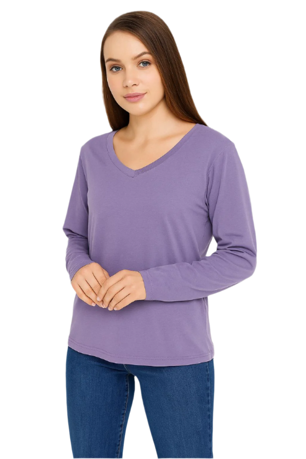 Woman in purple V-neck shirt.
