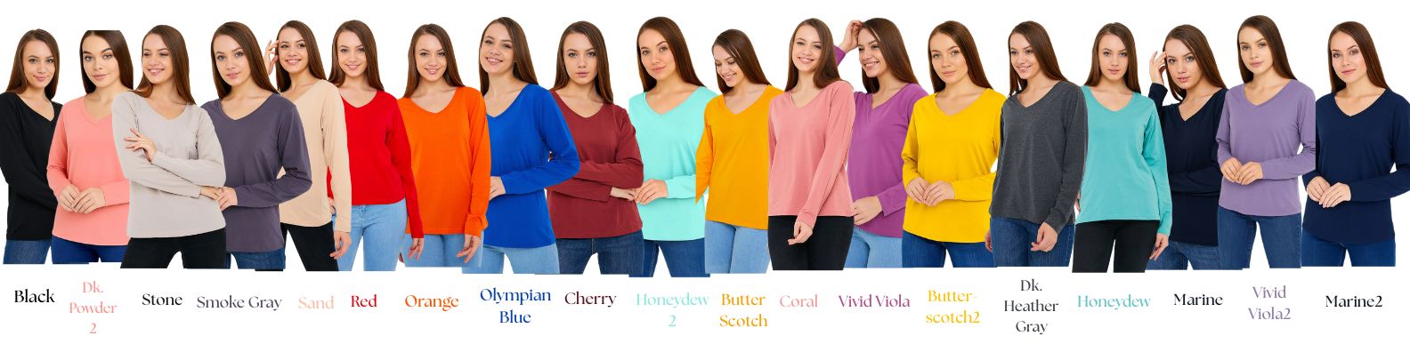 Women's Long Sleeve V-Neck Shirts - in All Natural, Colorful Pima Cotton, Turkish Cotton Long-Sleeve Shirts - Great for Layering under Sweaters and Scrubs