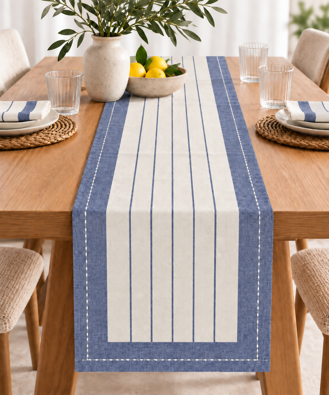 Navy Blue & Ivory Striped Water-Repellent Turkish Cotton Table Runner – Coastal & Timeless Style