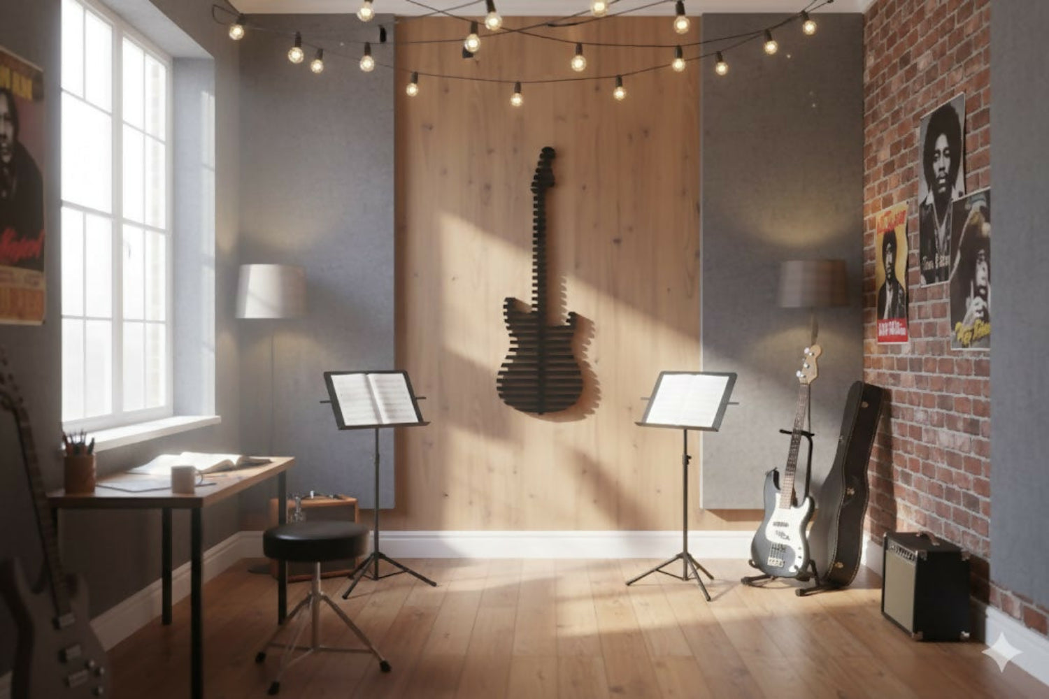 Parametric 3D Black Guitar Wall Decor Modern Sculptural Wall Art Contemporary Architectural Wall Decor for Living Room, Office & Commercial Interiors