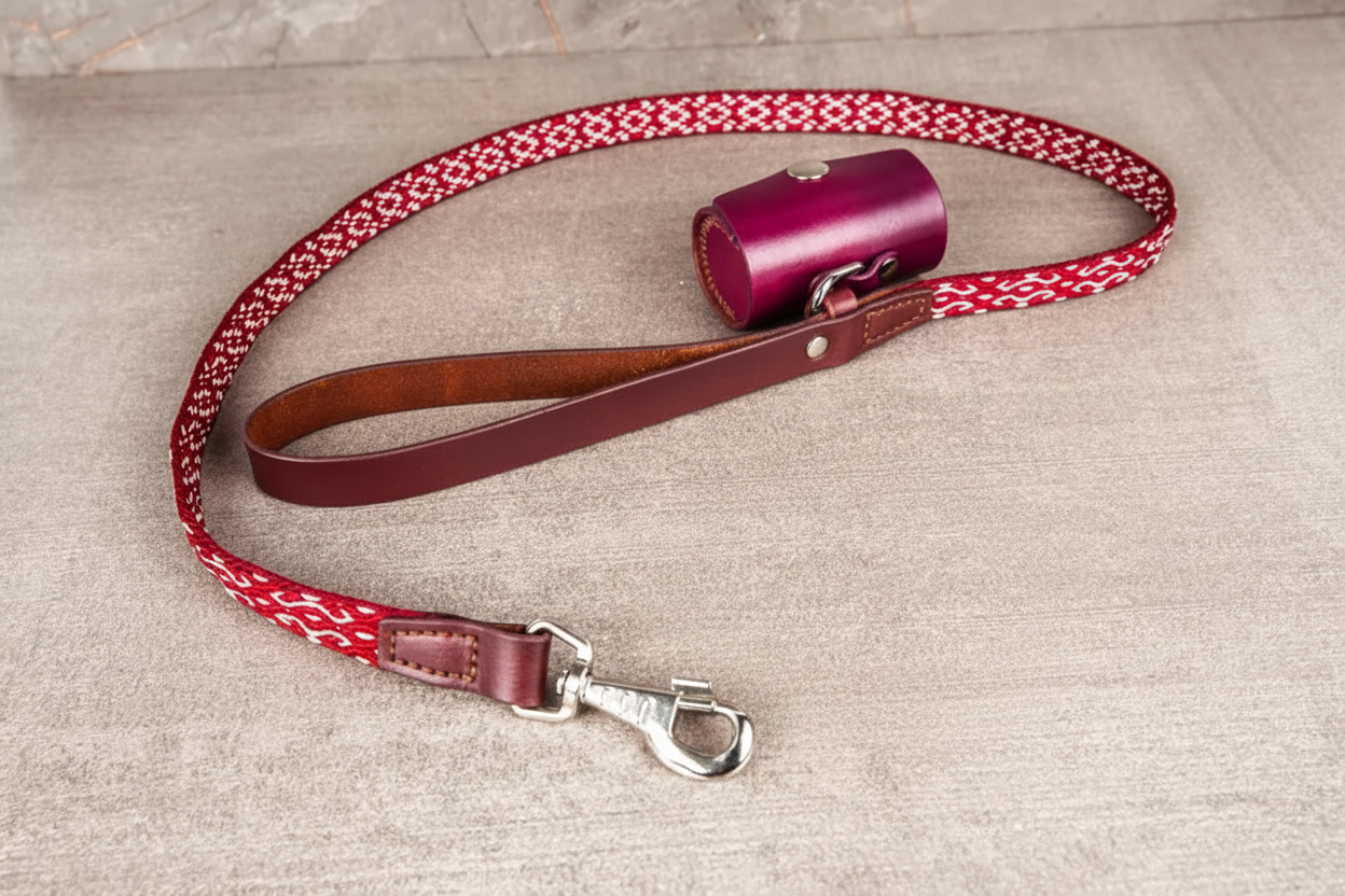 Handcrafted Leather Dog Leash & Poop Bag Holder – Handwoven Dog Walking Set