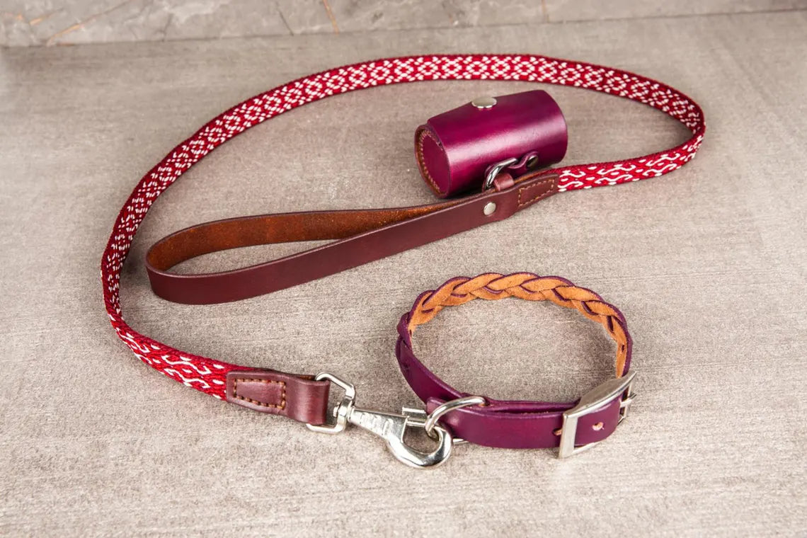 Handcrafted Leather Dog Leash & Poop Bag Holder – Handwoven Dog Walking Set