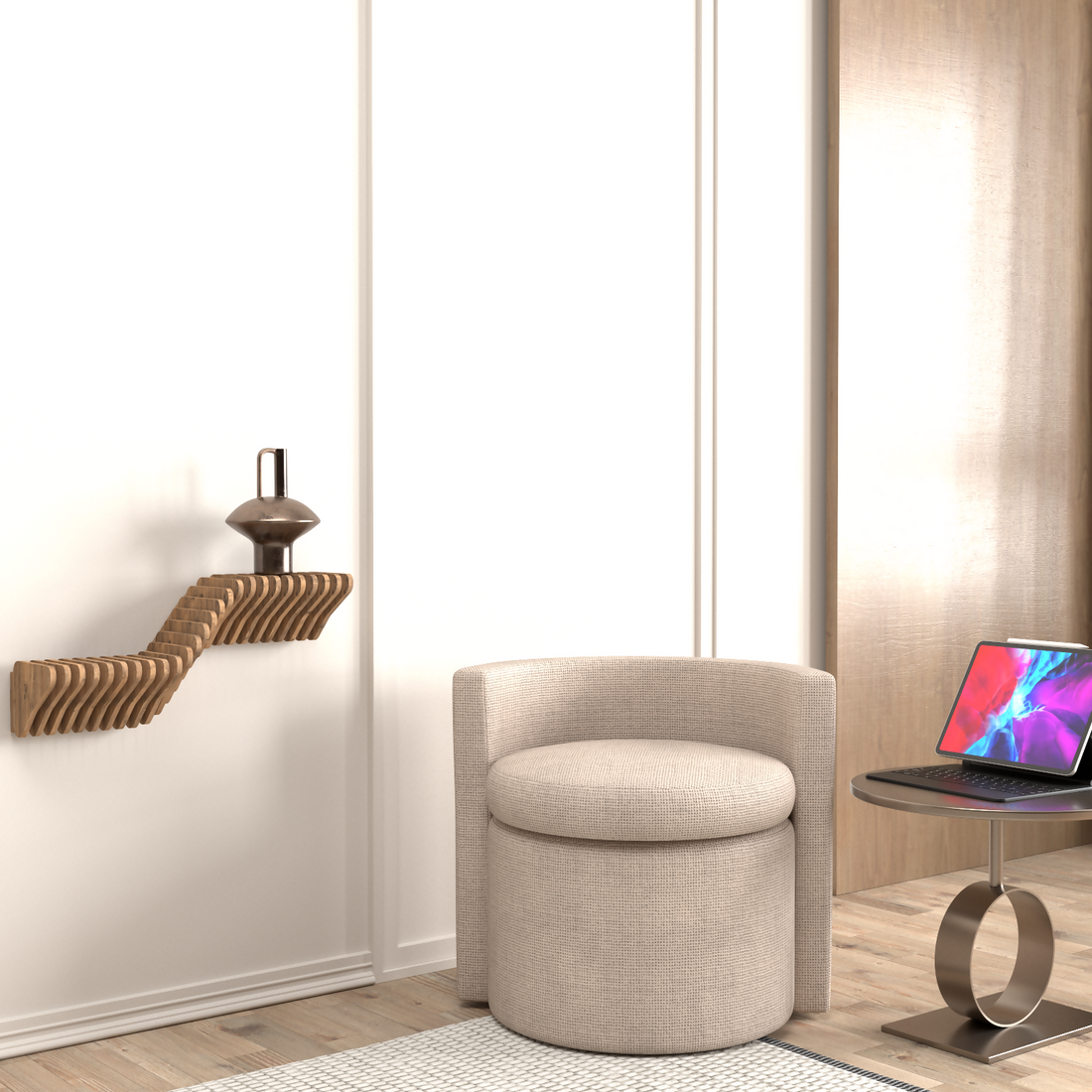 Modern room with wavy shelf.
