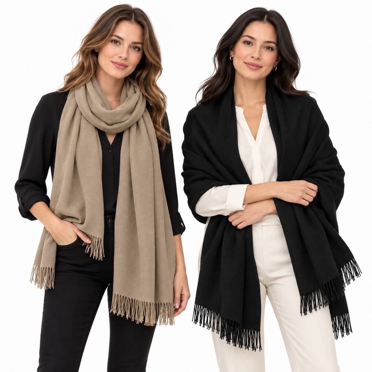 Women’s Lightweight Scarf Set, 2-Pack – Taupe & Black, 71 × 25 in