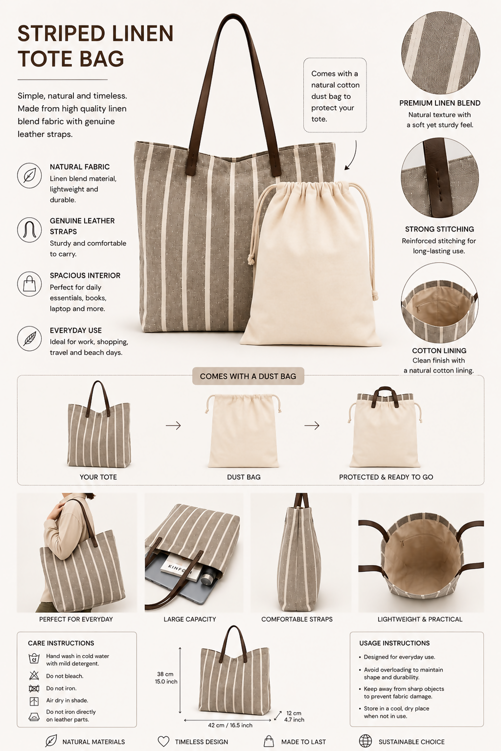 Large Striped Tote Bag for Beach, Travel & Everyday Use