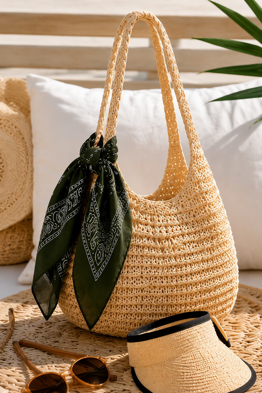 Women's 3-Piece Beach Set – Straw Tote Bag, Sun Visor Hat & Fashion Scarf