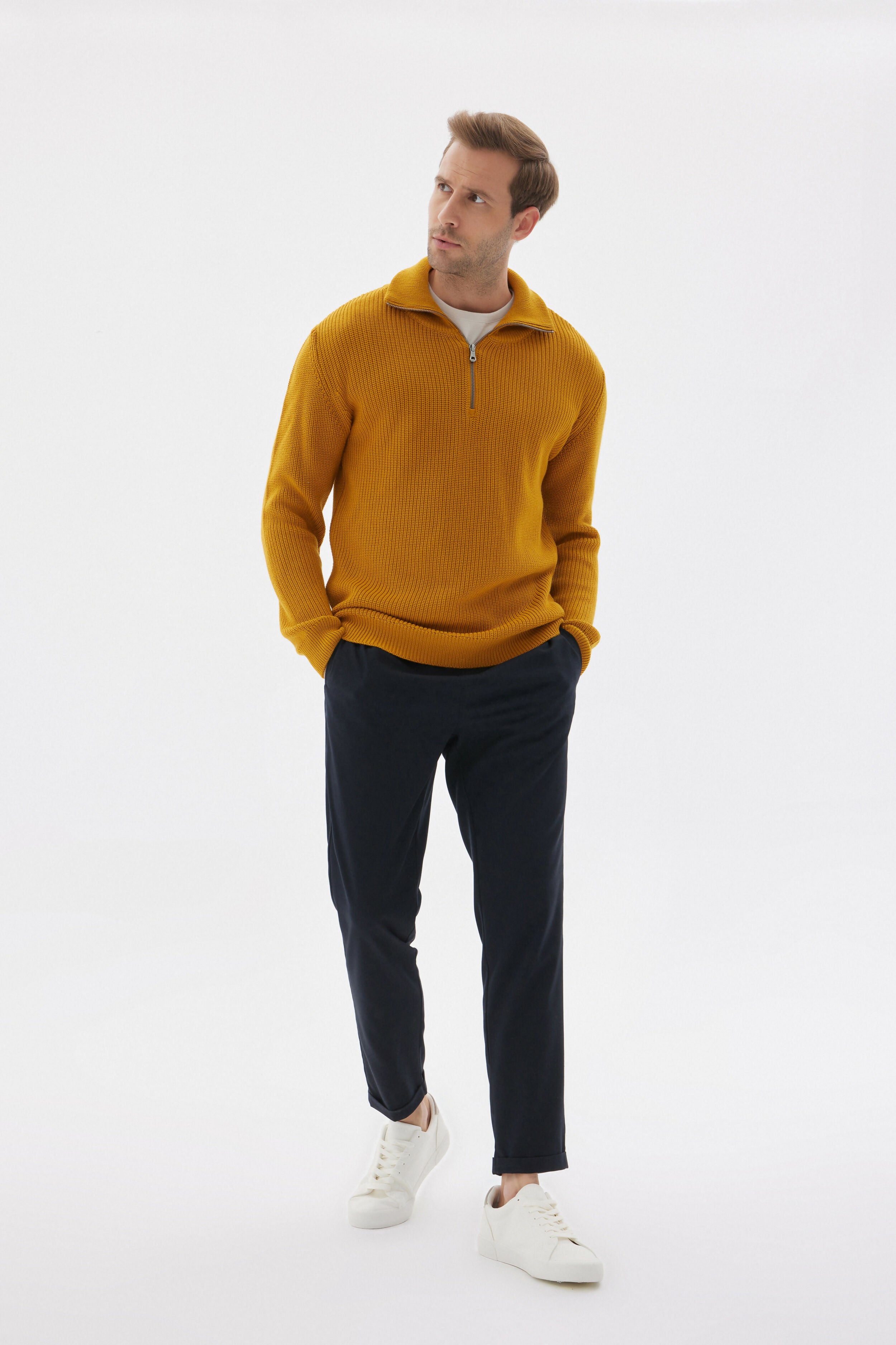 Men's Half Zip Cotton Knit Sweater - Regular Fit Ribbed Pullover, Black Lightweight Turkish Knit Jumper