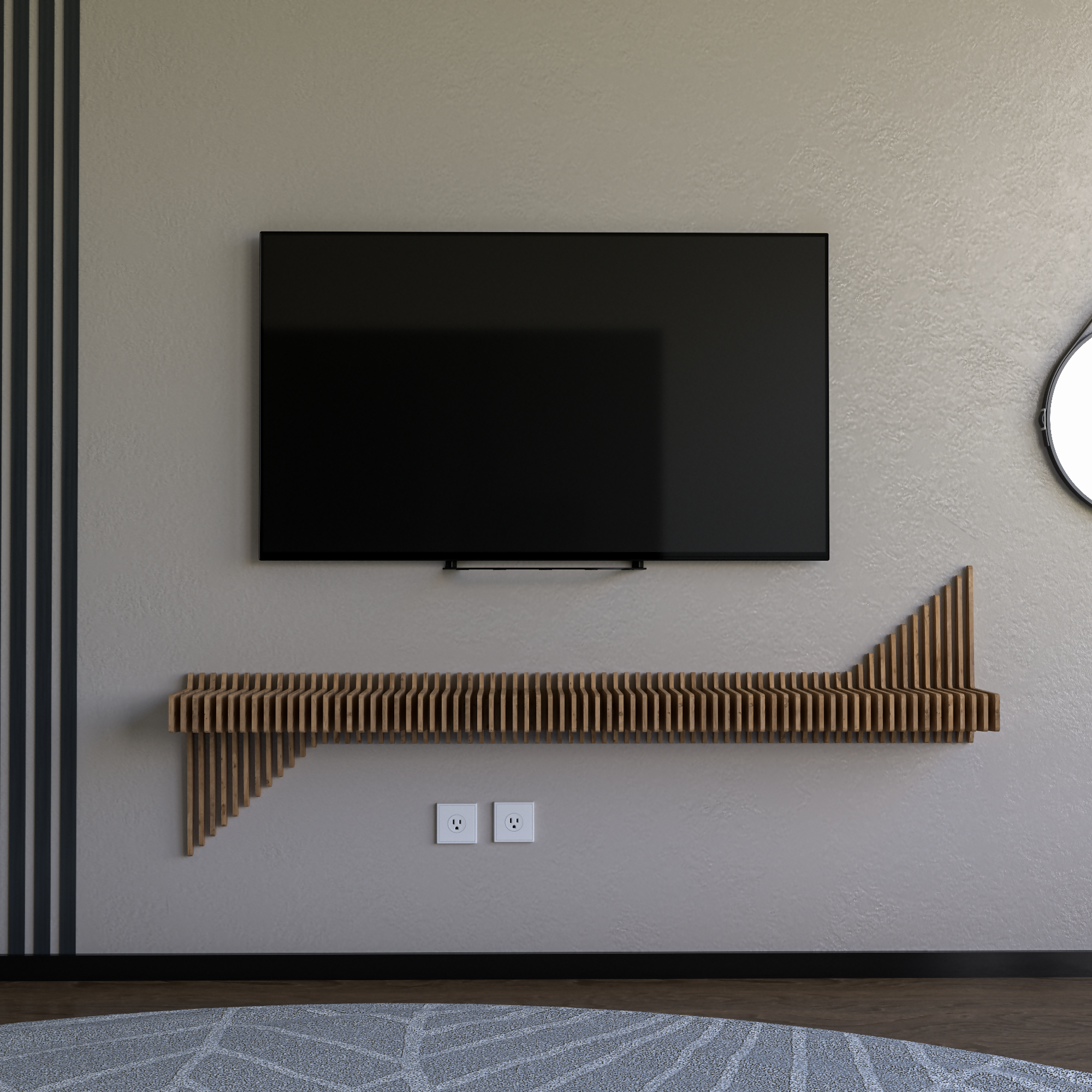 BATAMEX Parametric 65 inch Floating Shelf TV Unit Modern Geometric Wooden Wall Piece Decor Natural Oak Color 3D Wavy Living and Gaming Room Shelf