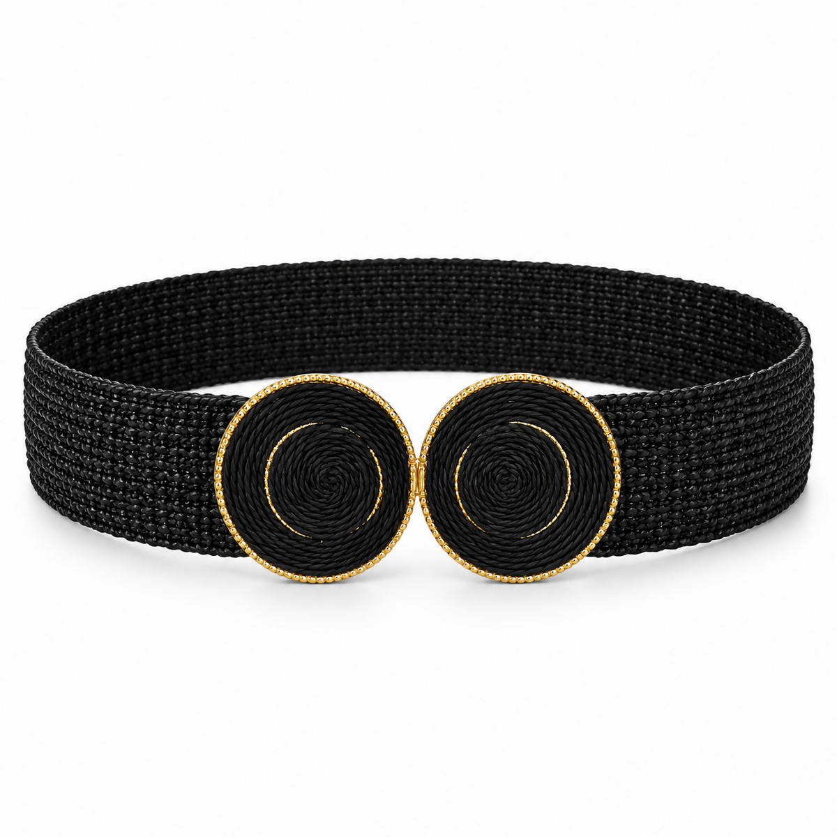 Women’s Wide Elastic Stretch Waist Belt, Double Round Buckle with Gold-Tone Details, Black
