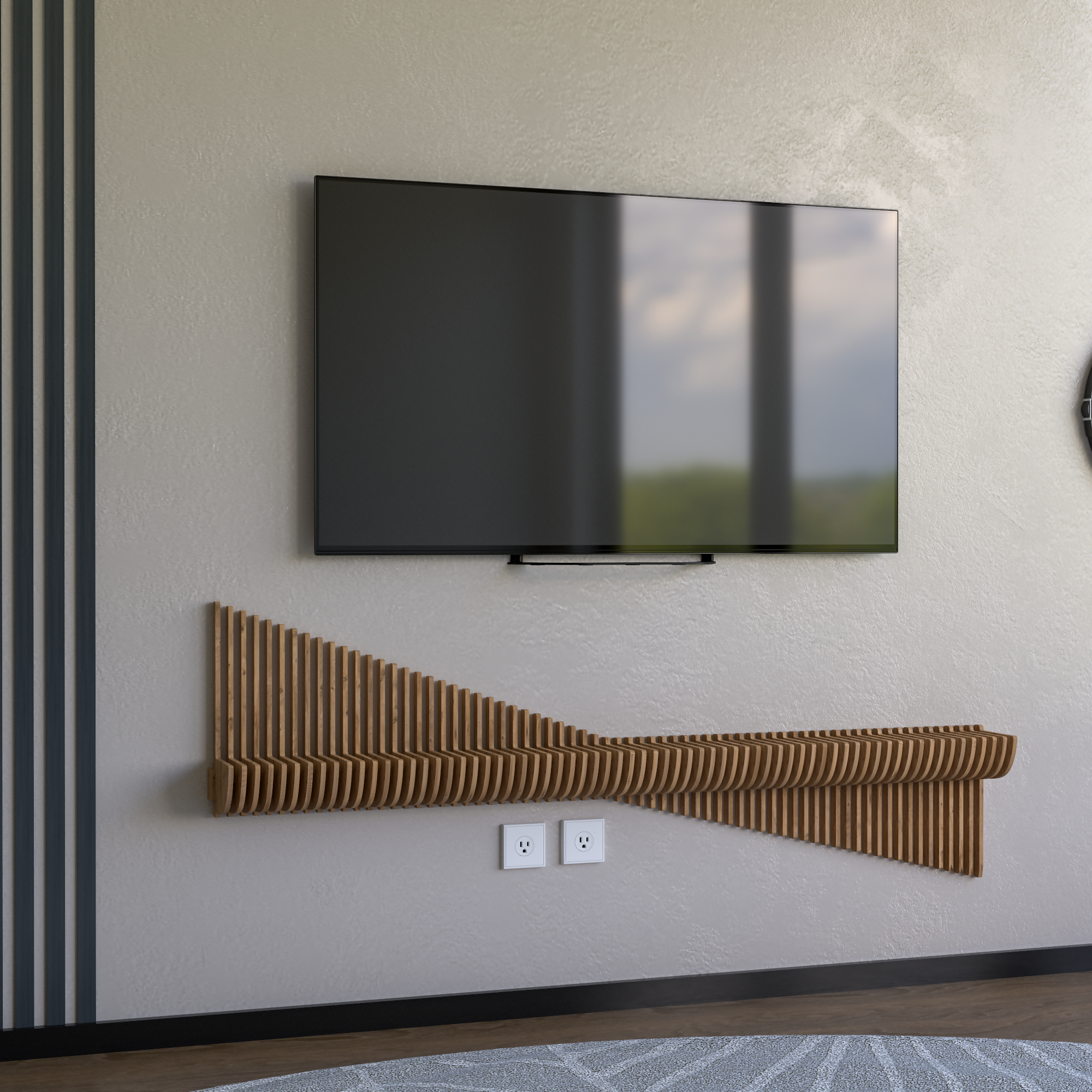 BATAMEX Parametric 60 inch Floating Shelf TV Unit Modern Geometric Wooden Wall Piece Decor Natural Oak Color 3D Wavy Living and Gaming Room Shelf