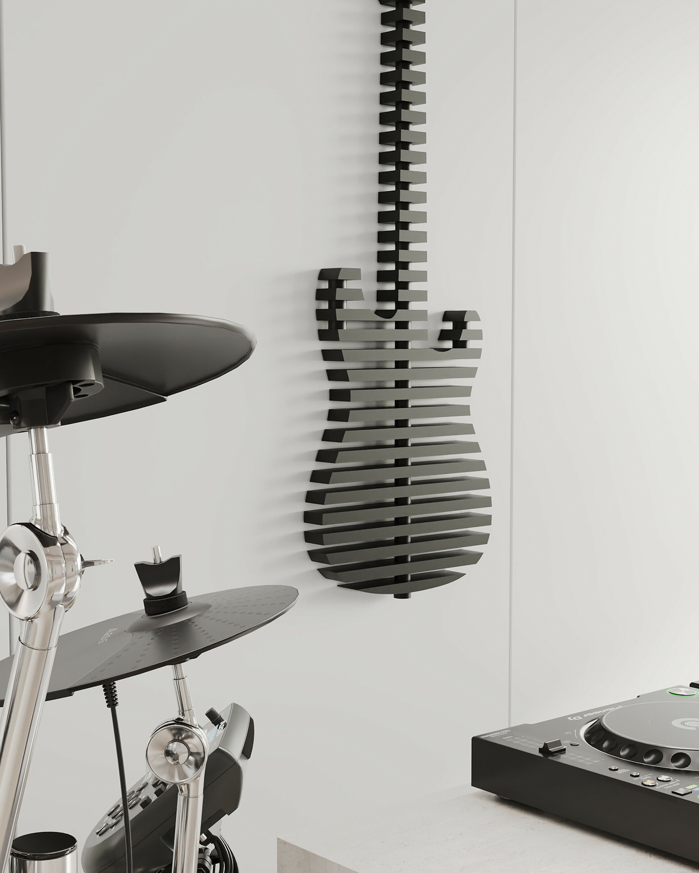 Parametric 3D Black Guitar Wall Decor Modern Sculptural Wall Art Contemporary Architectural Wall Decor for Living Room, Office & Commercial Interiors