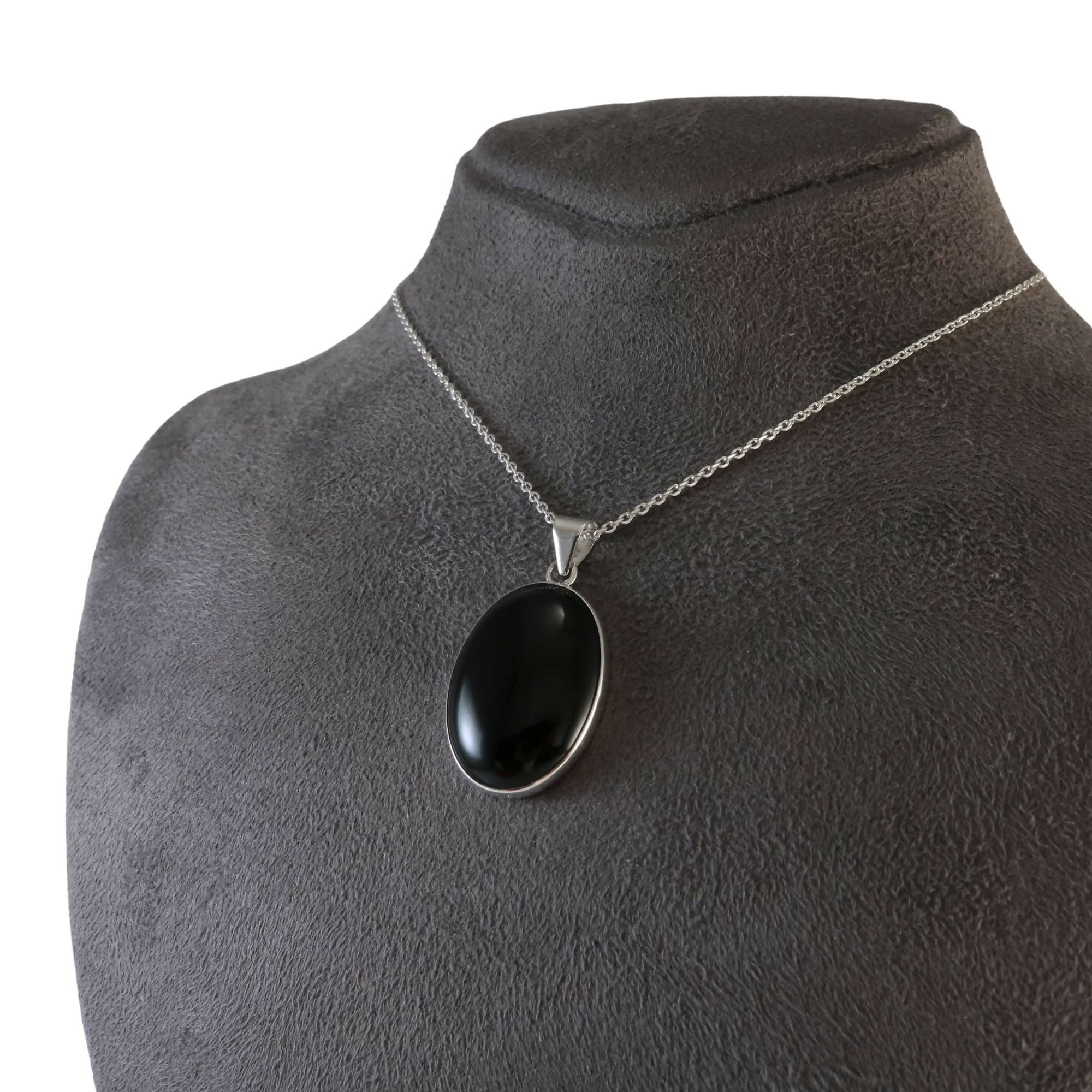Sterling Silver 925 Oval Black Onyx Handmade Pendant Necklace 18+2'' Chain for Women & Men, 18x25mm