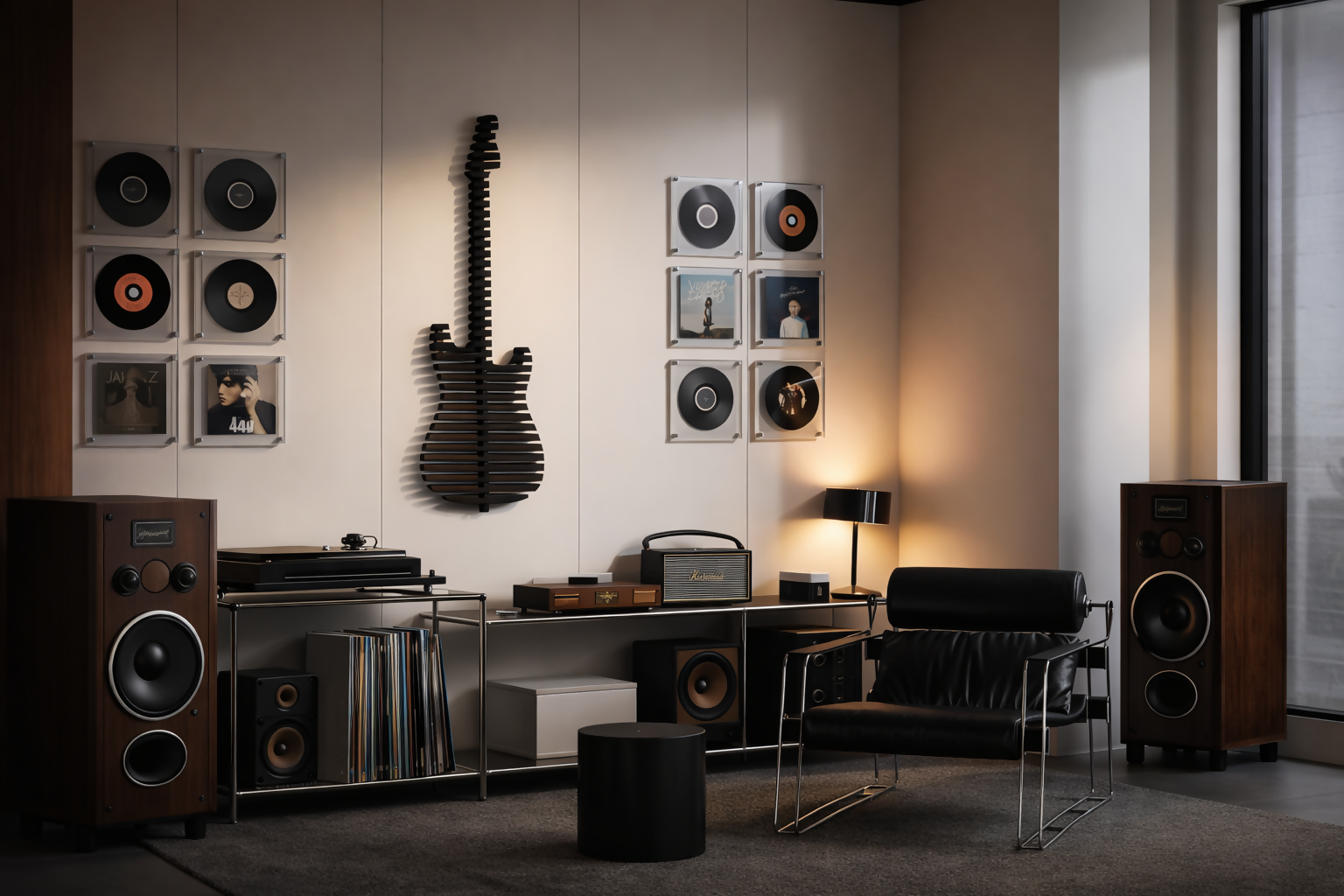 Parametric 3D Black Guitar Wall Decor Modern Sculptural Wall Art Contemporary Architectural Wall Decor for Living Room, Office & Commercial Interiors