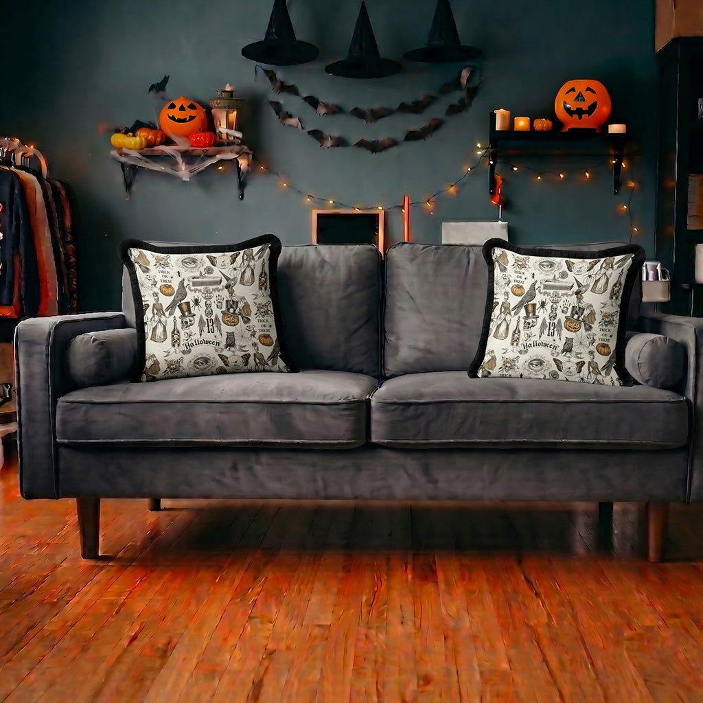 Halloween Themed Pillow Cover Set With Tassels – Holiday or Living Room Decoration