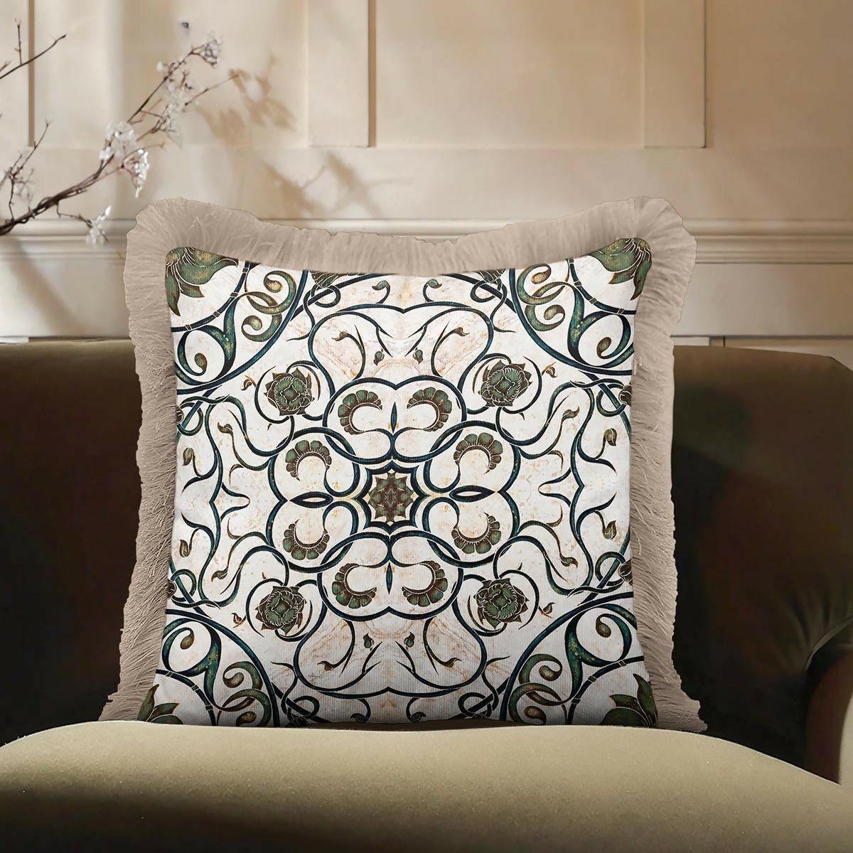 Antique Floral Detailed Green Cream Tasselled Cushion Cover,Set of 2 - Wear Sierra