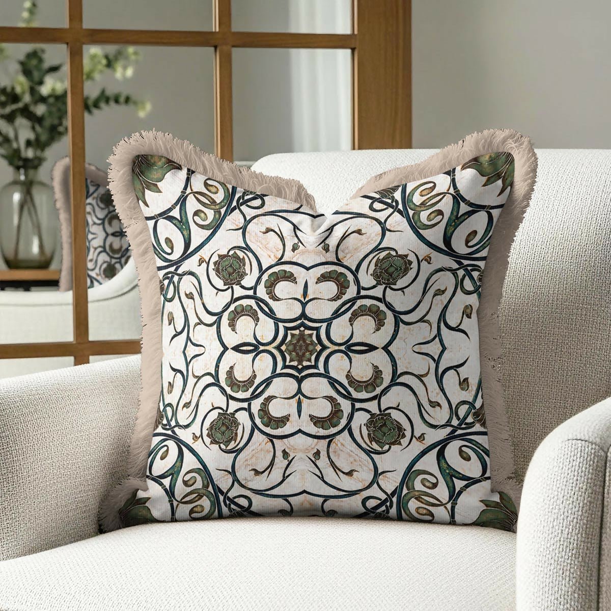 Antique Floral Detailed Green Cream Tasselled Cushion Cover,Set of 2 - Wear Sierra
