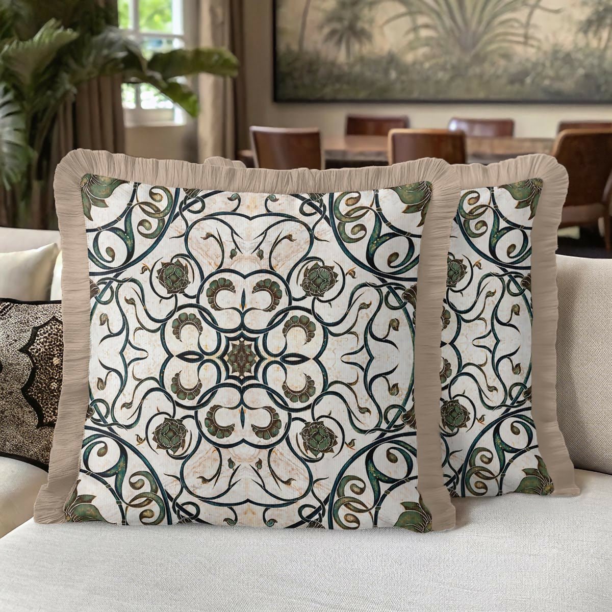 Antique Floral Detailed Green Cream Tasselled Cushion Cover,Set of 2 - Wear Sierra
