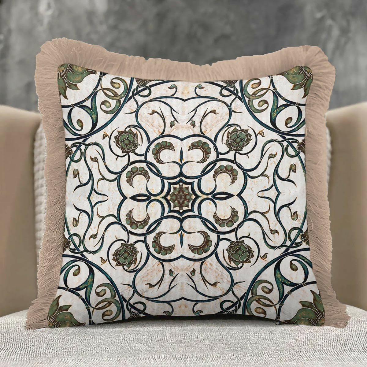 Antique Floral Detailed Green Cream Tasselled Cushion Cover,Set of 2 - Wear Sierra