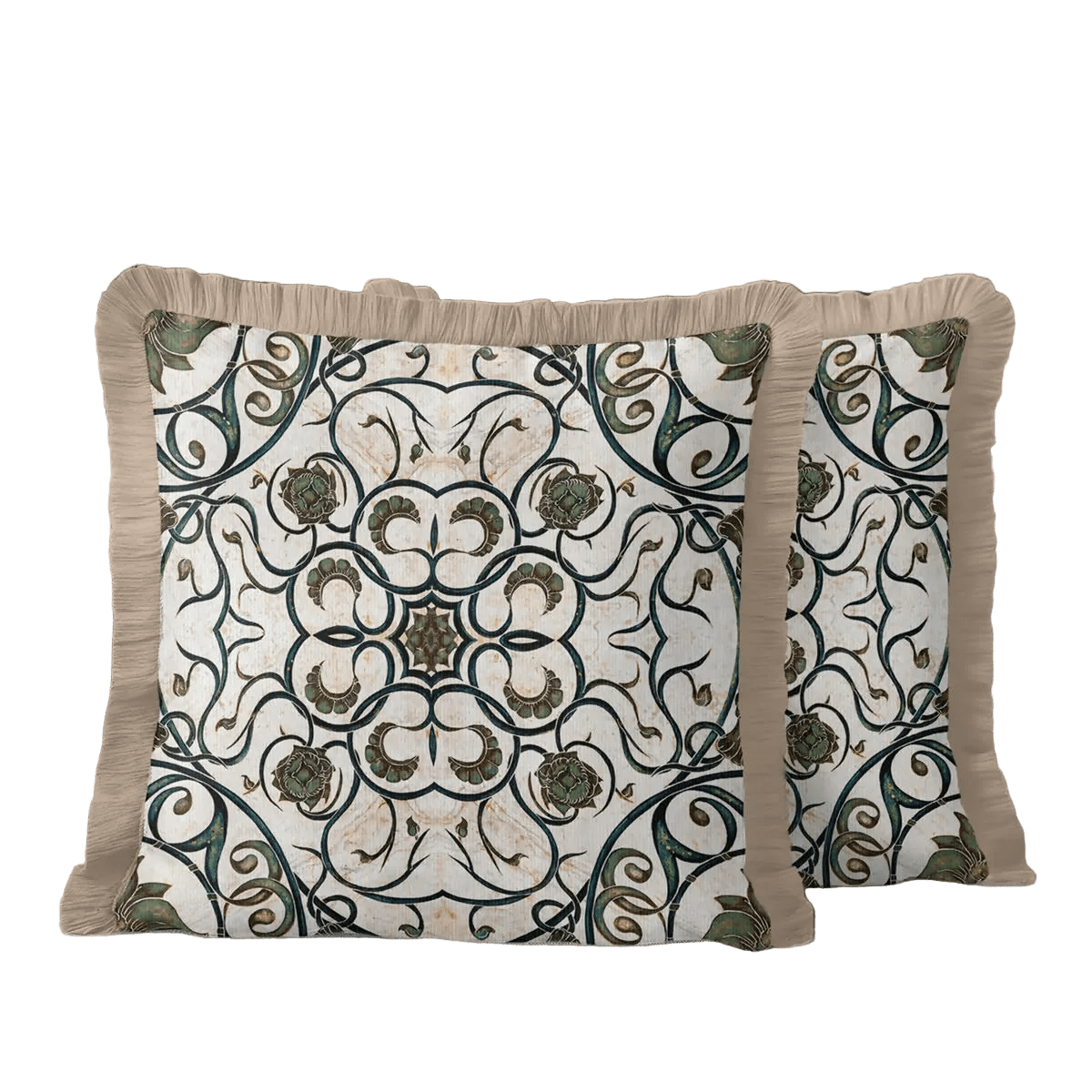 Antique Floral Detailed Green Cream Tasselled Cushion Cover,Set of 2 - Wear Sierra