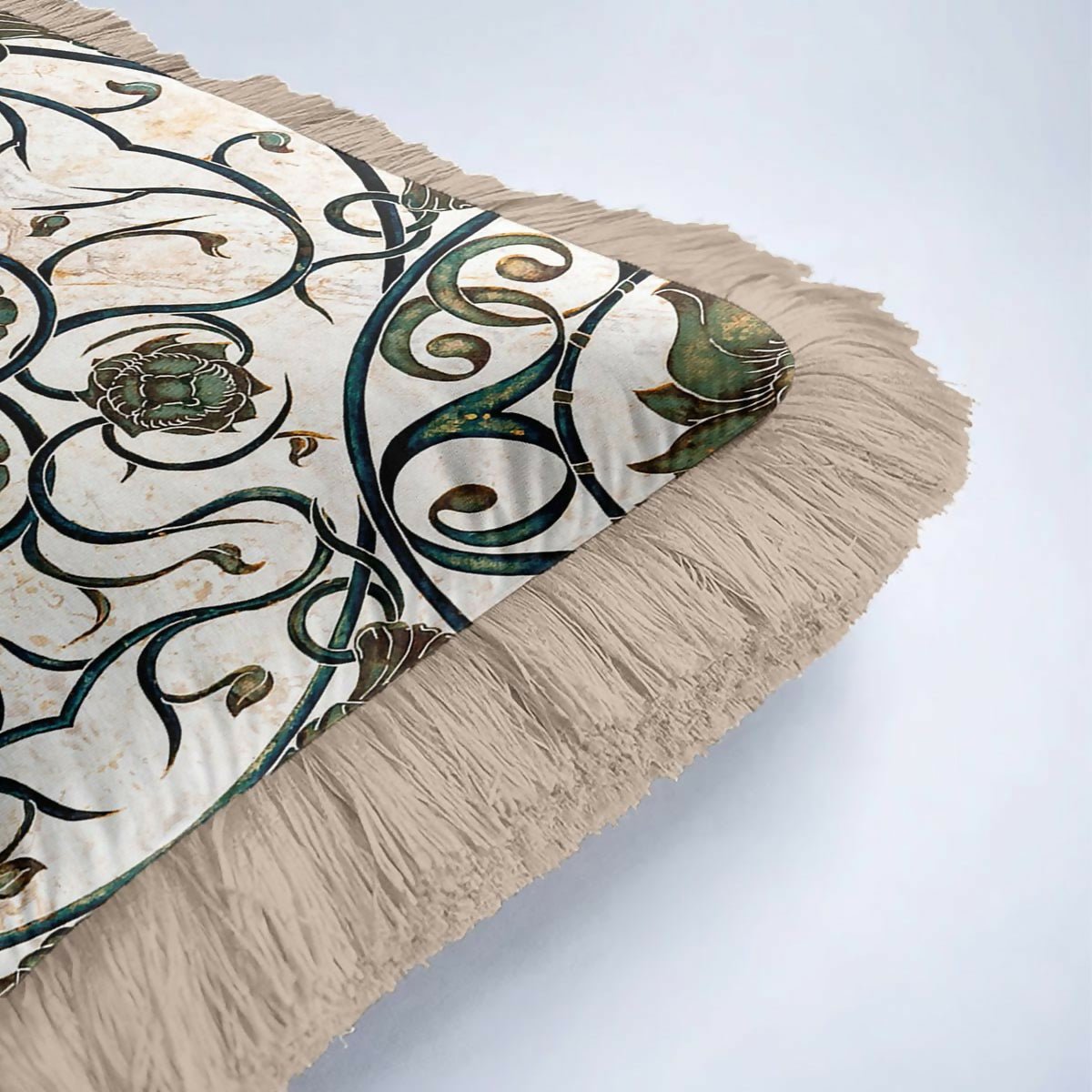Antique Floral Detailed Green Cream Tasselled Cushion Cover,Set of 2 - Wear Sierra