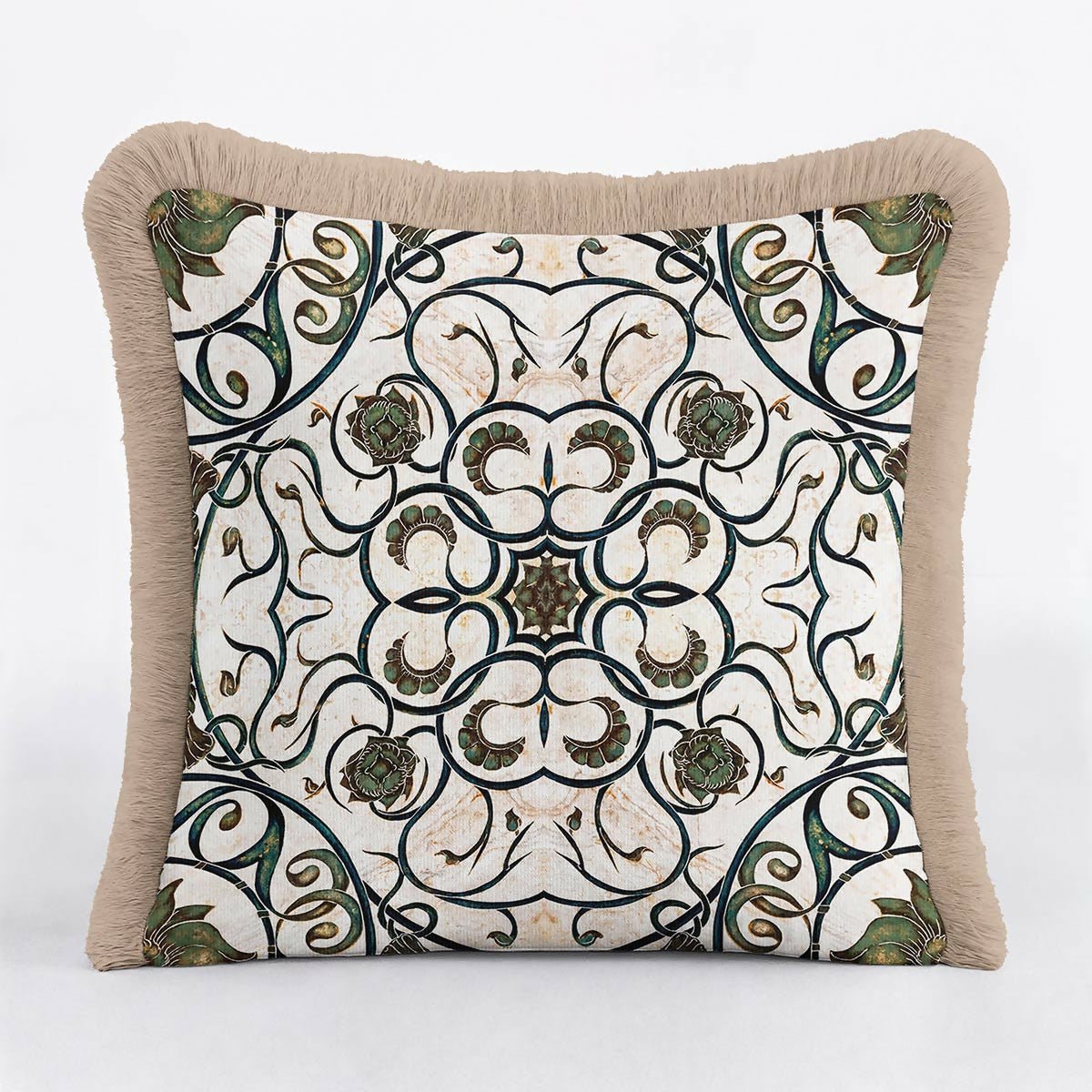 Antique Floral Detailed Green Cream Tasselled Cushion Cover,Set of 2 - Wear Sierra