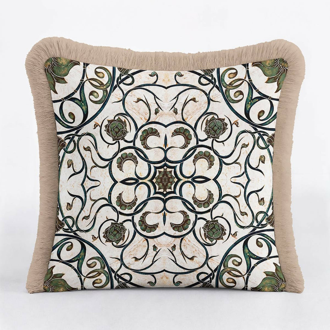 Antique Floral Detailed Green Cream Tasselled Cushion Cover,Set of 2 - Wear Sierra