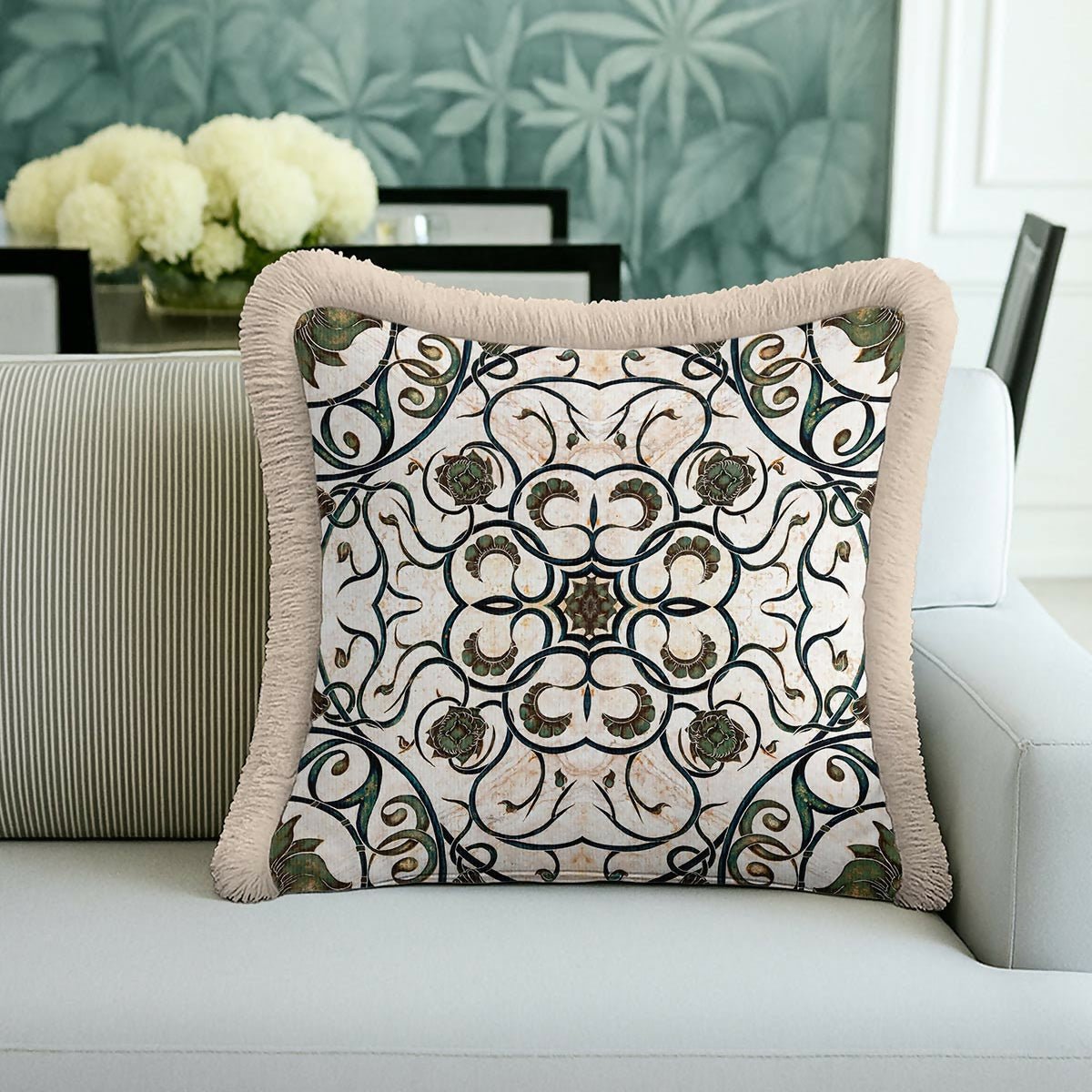 Antique Floral Detailed Green Cream Tasselled Cushion Cover,Set of 2 - Wear Sierra
