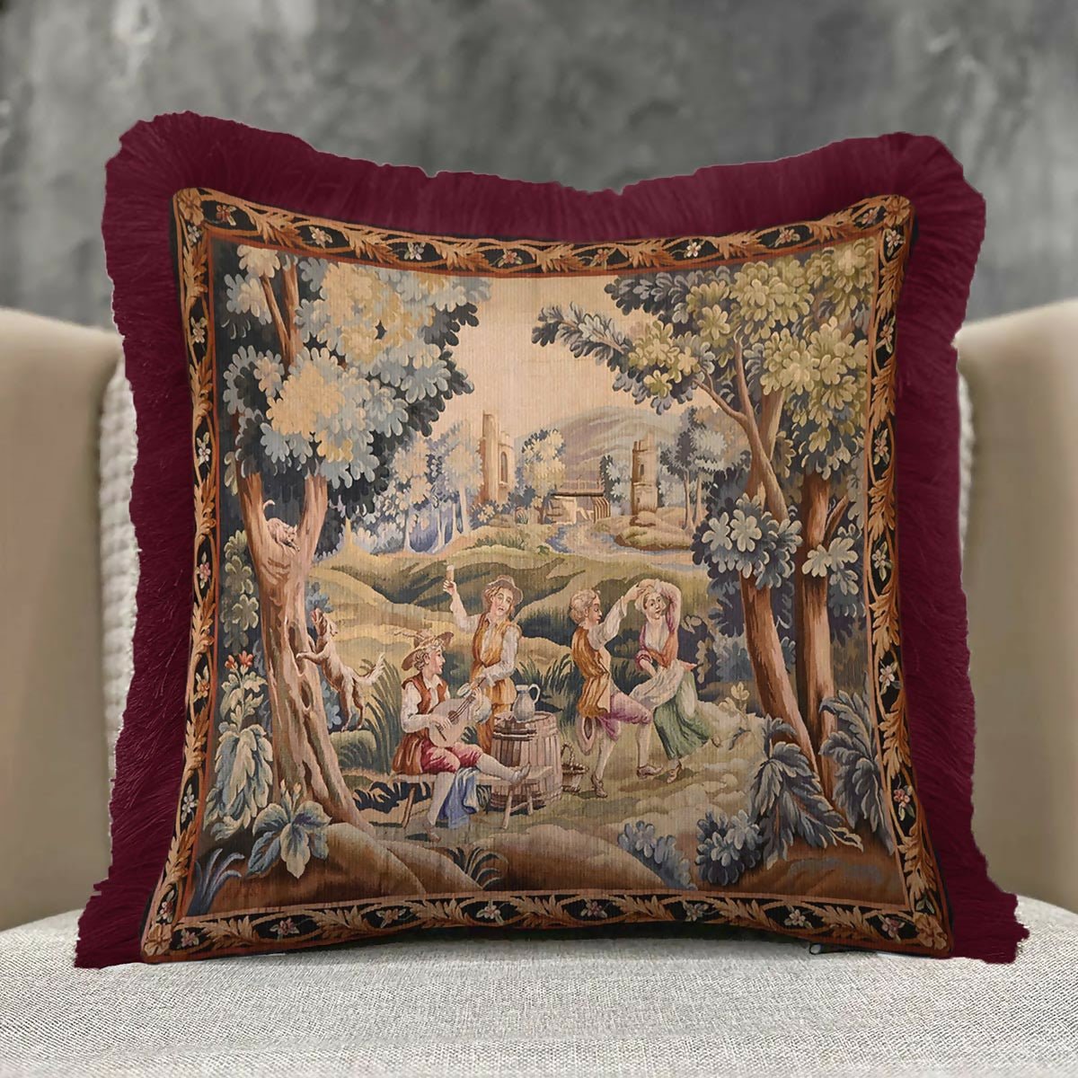 Baroque Vintage Luxury Fringed Cushion Cover –Set of 2 Burgundy Avant-Garde Distressed Throw Pillow with Tassels - Wear Sierra