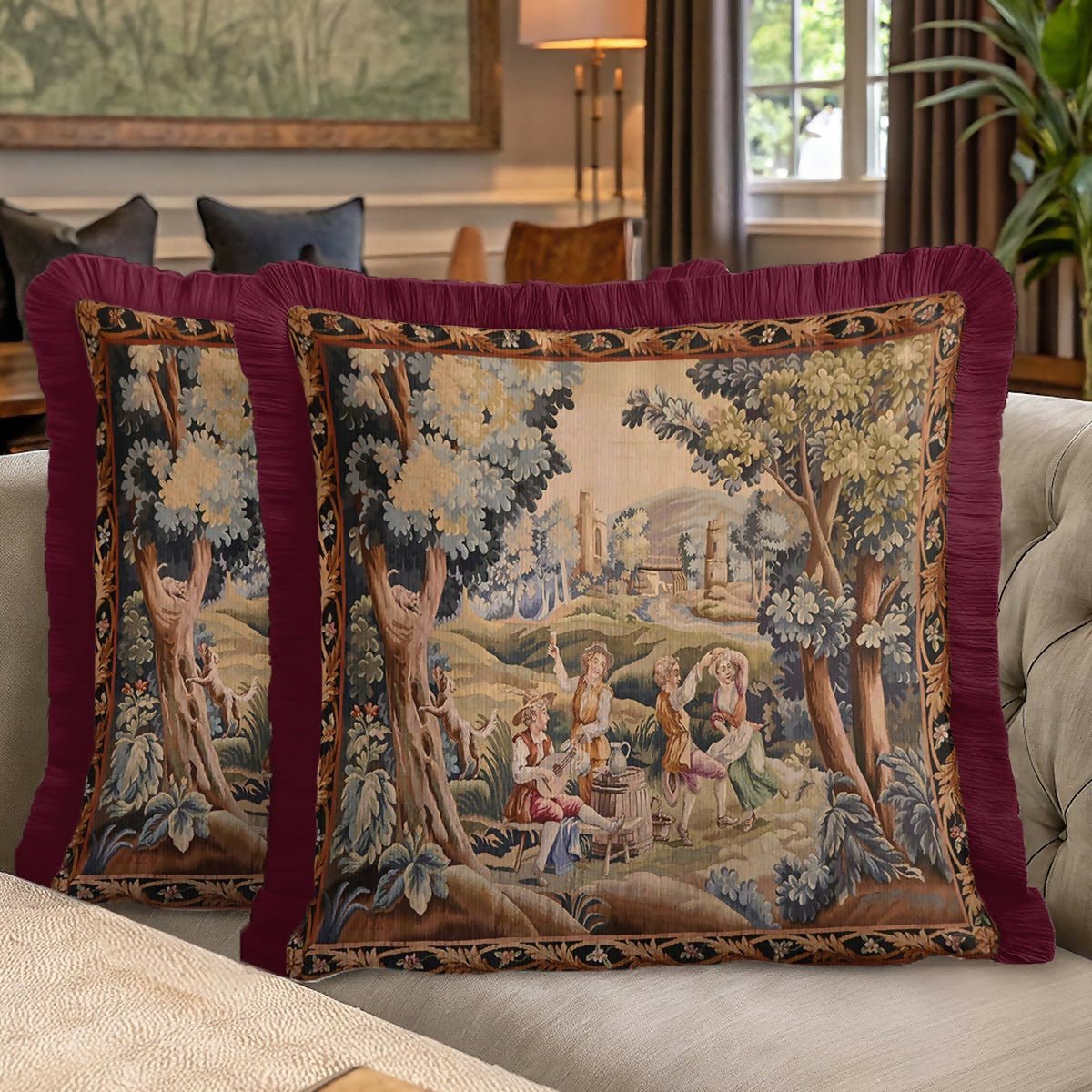 Baroque Vintage Luxury Fringed Cushion Cover –Set of 2 Burgundy Avant-Garde Distressed Throw Pillow with Tassels - Wear Sierra