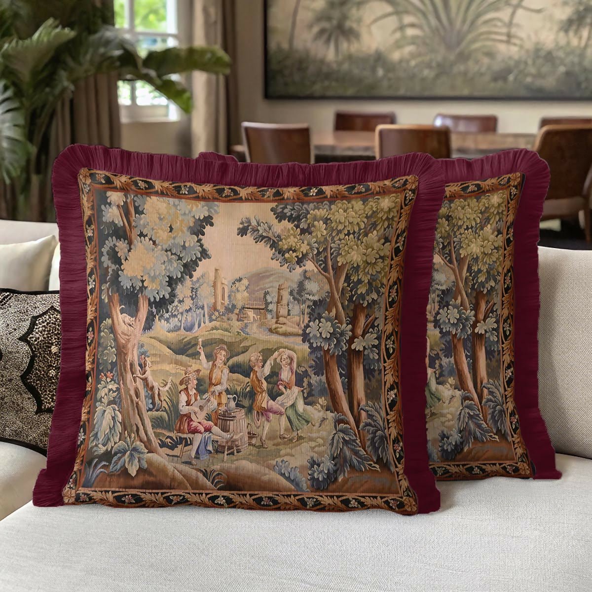 Baroque Vintage Luxury Fringed Cushion Cover –Set of 2 Burgundy Avant-Garde Distressed Throw Pillow with Tassels - Wear Sierra