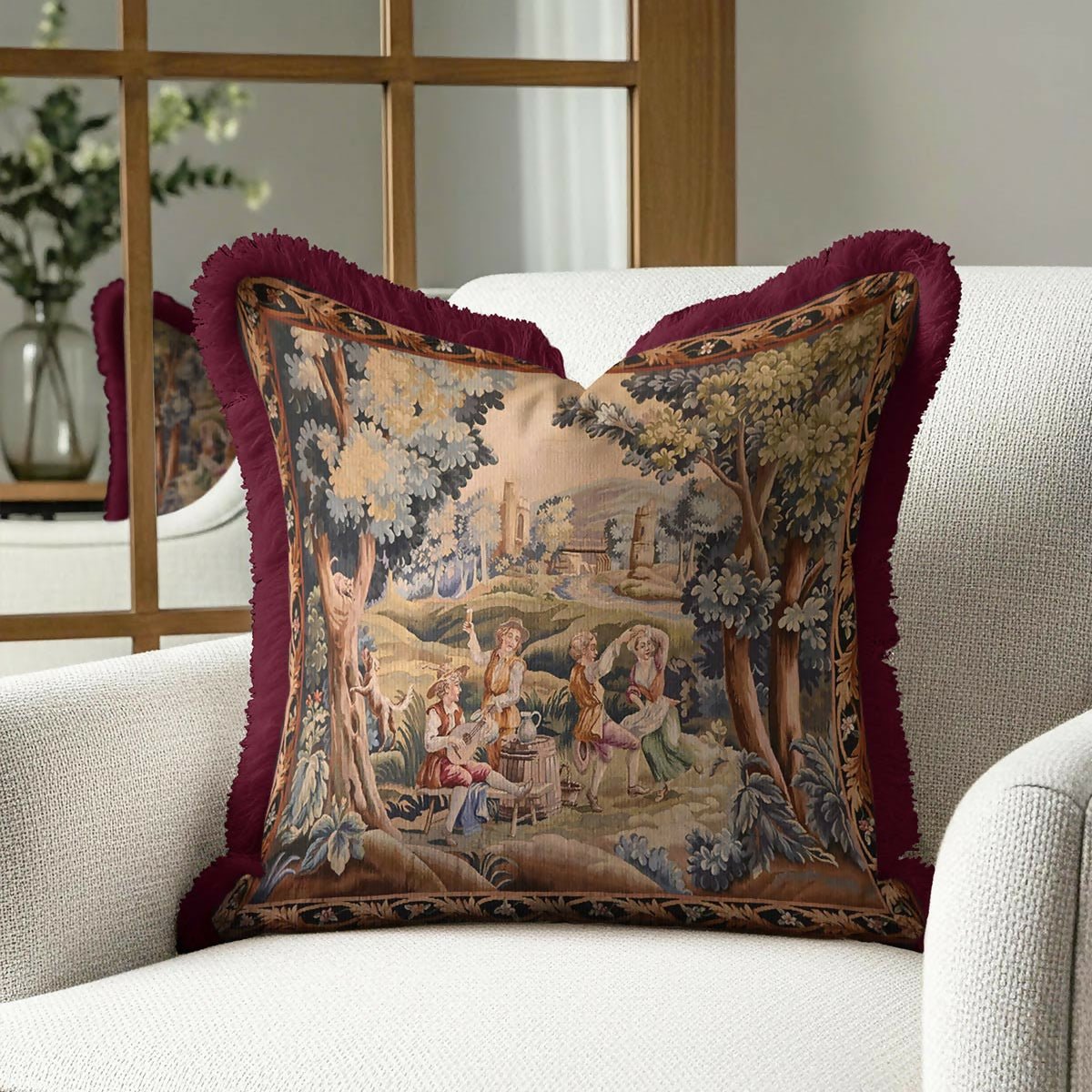 Baroque Vintage Luxury Fringed Cushion Cover –Set of 2 Burgundy Avant-Garde Distressed Throw Pillow with Tassels - Wear Sierra