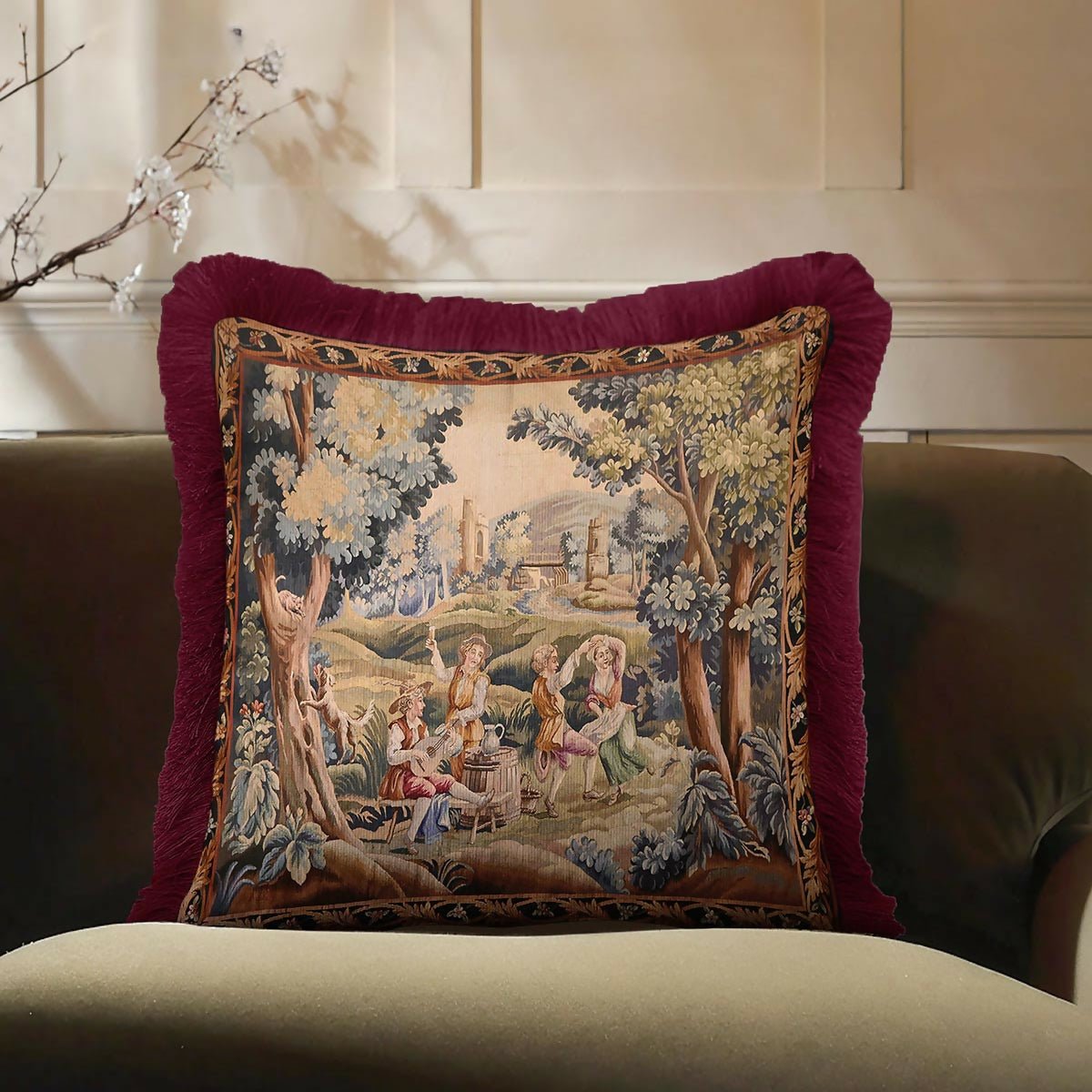 Baroque Vintage Luxury Fringed Cushion Cover –Set of 2 Burgundy Avant-Garde Distressed Throw Pillow with Tassels - Wear Sierra