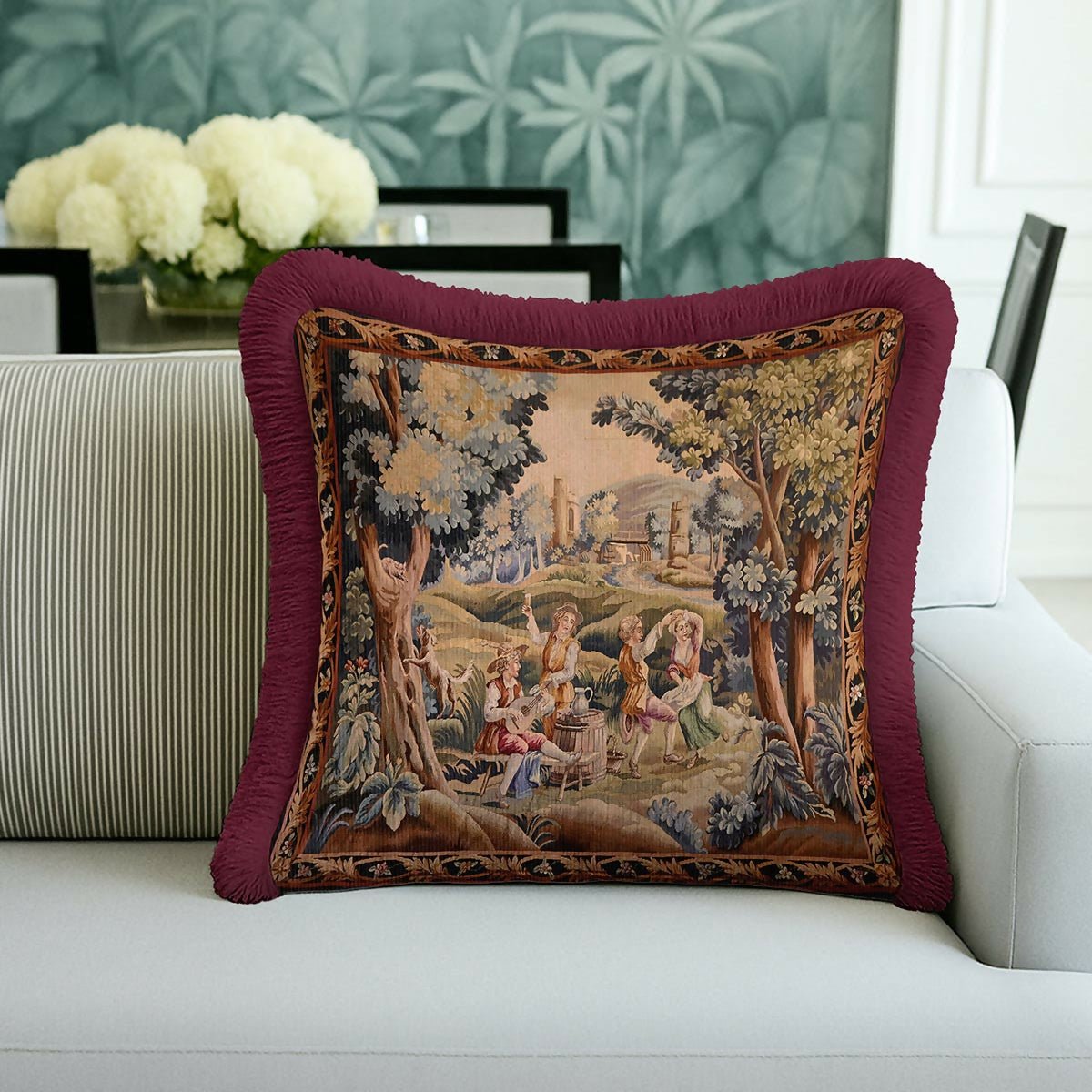 Baroque Vintage Luxury Fringed Cushion Cover –Set of 2 Burgundy Avant-Garde Distressed Throw Pillow with Tassels - Wear Sierra