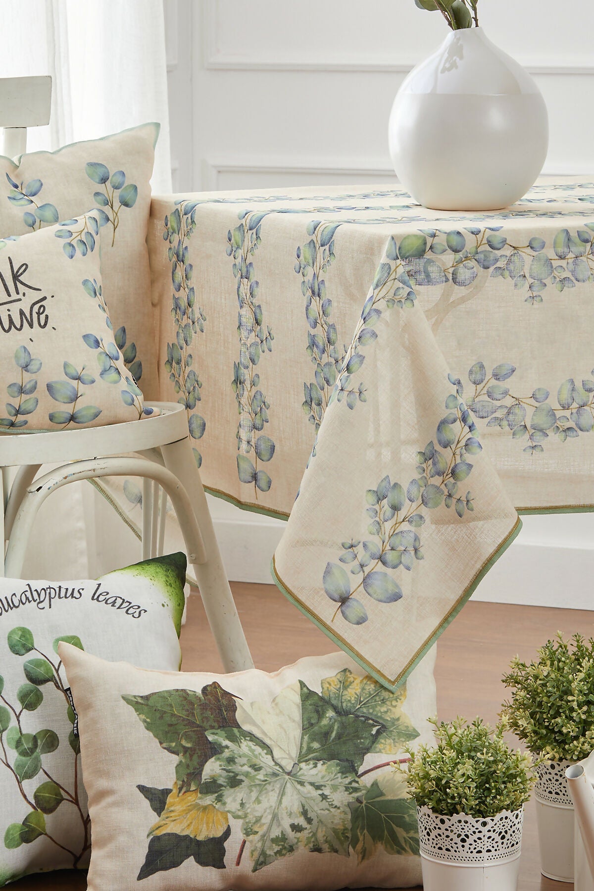 Beautiful Ivy Linen-Like Tablecloth in Pastel Blues and Greens - Wear Sierra