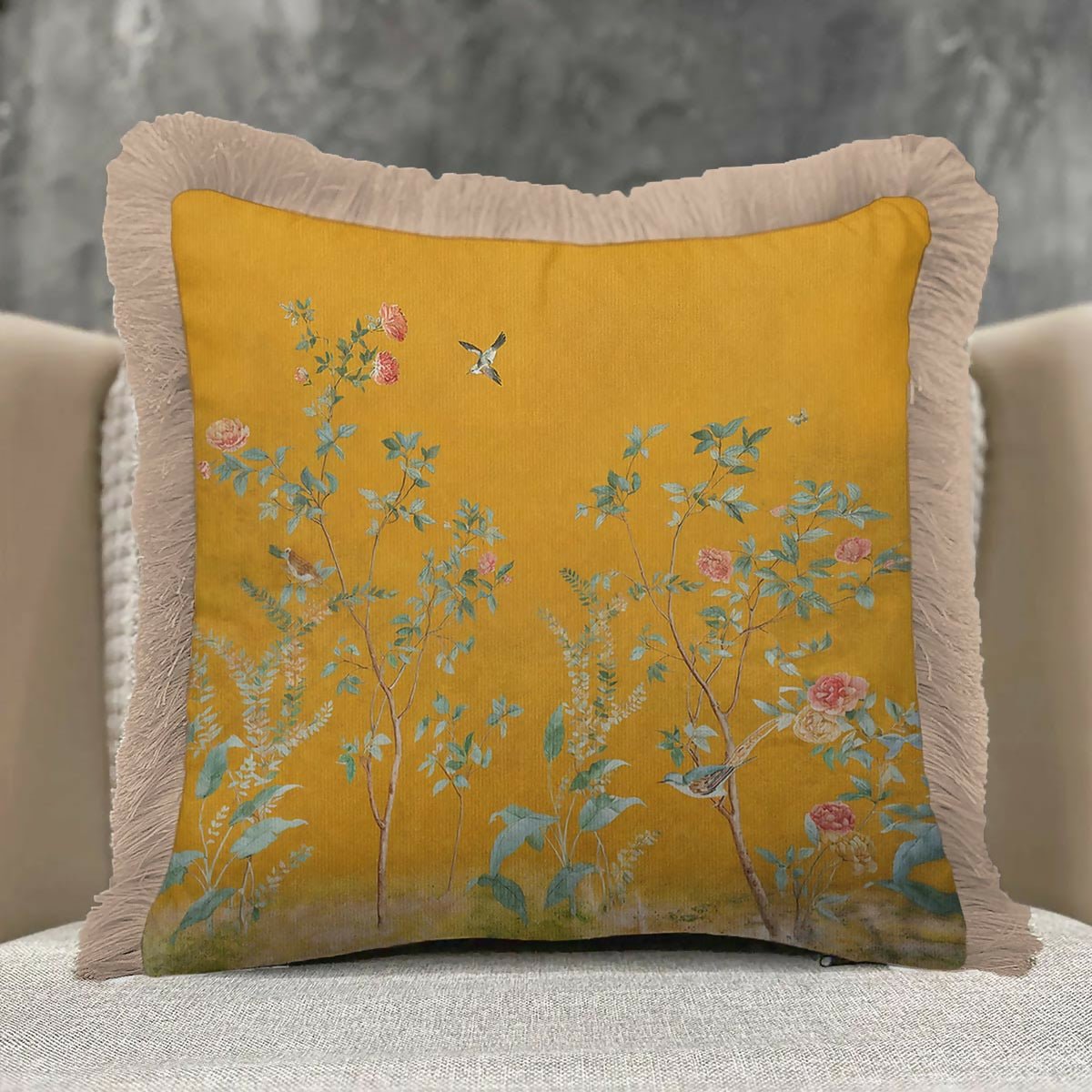 Bird and Floral Fringed Cushion Cover | Vintage Tasselled Throw Pillow - Wear Sierra