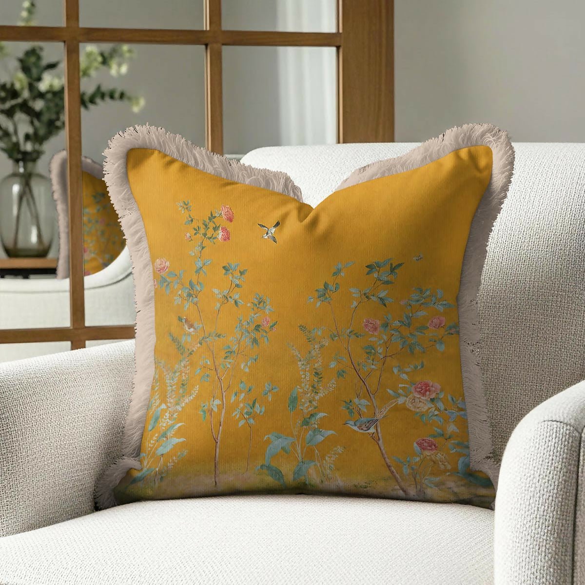 Bird and Floral Fringed Cushion Cover | Vintage Tasselled Throw Pillow - Wear Sierra