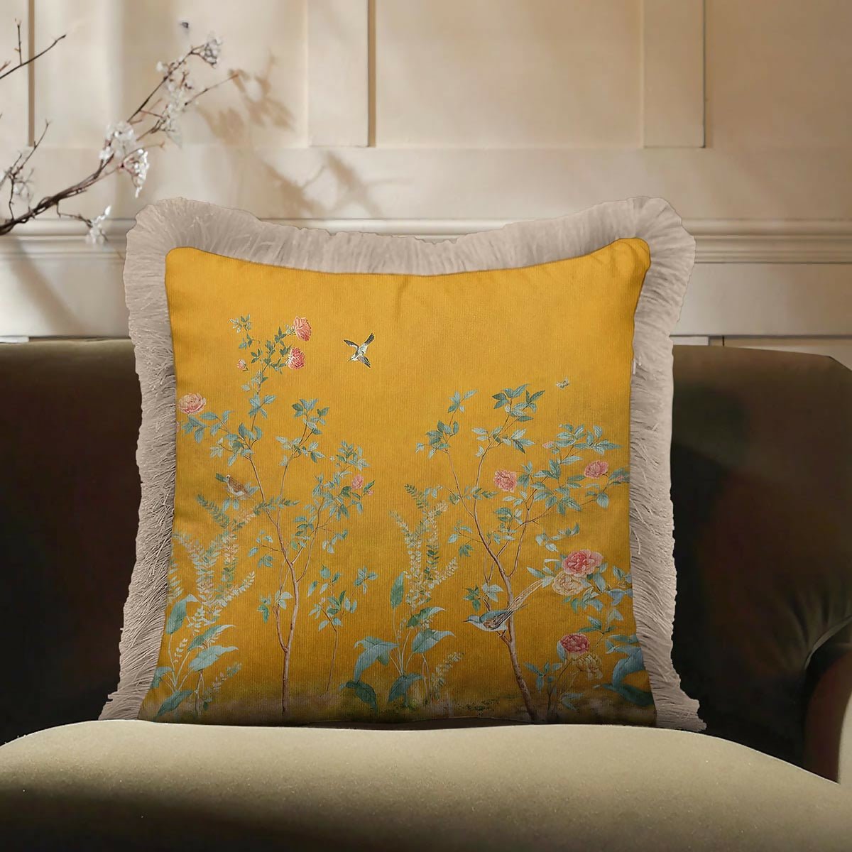 Bird and Floral Fringed Cushion Cover | Vintage Tasselled Throw Pillow - Wear Sierra