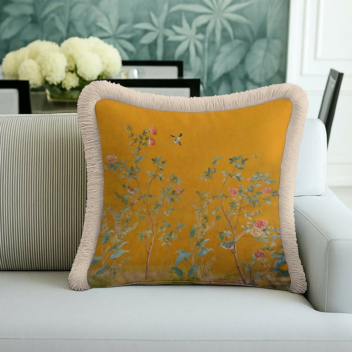 Bird and Floral Fringed Cushion Cover | Vintage Tasselled Throw Pillow - Wear Sierra