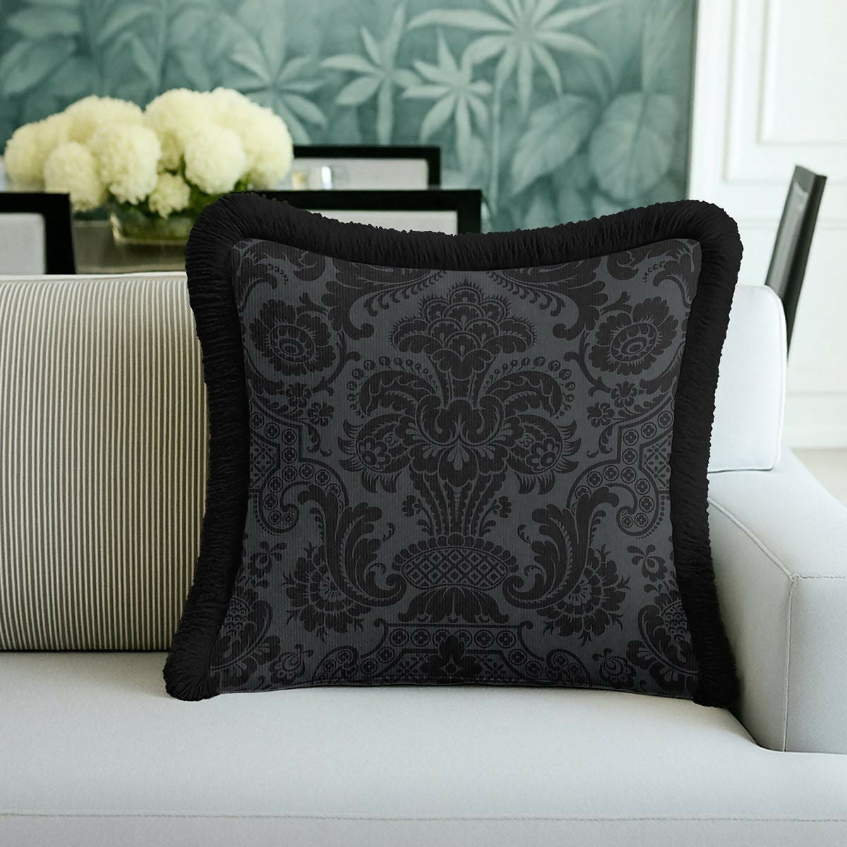 Black Baroque Fringed Cushion Cover | Set of 2 Luxury Classic Modern Tasselled Throw Pillow - Wear Sierra