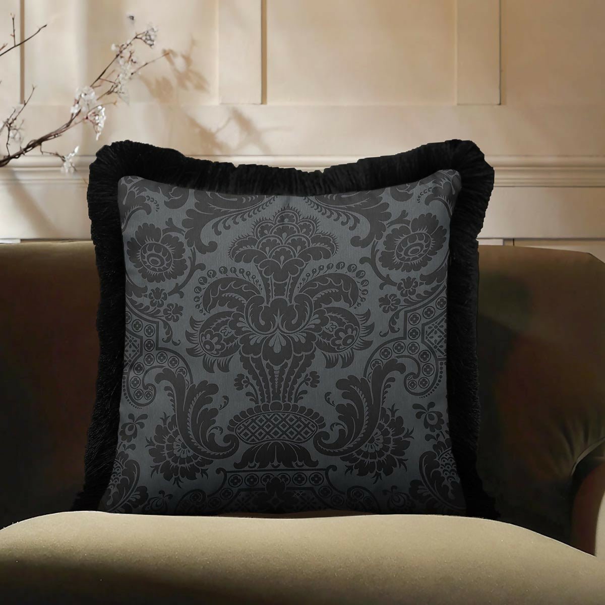 Black Baroque Fringed Cushion Cover | Set of 2 Luxury Classic Modern Tasselled Throw Pillow - Wear Sierra