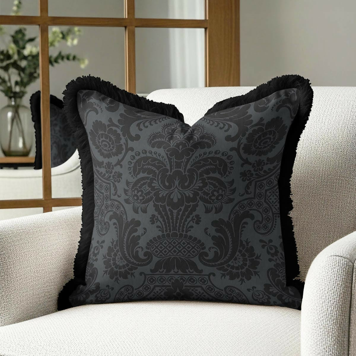 Black Baroque Fringed Cushion Cover | Set of 2 Luxury Classic Modern Tasselled Throw Pillow - Wear Sierra