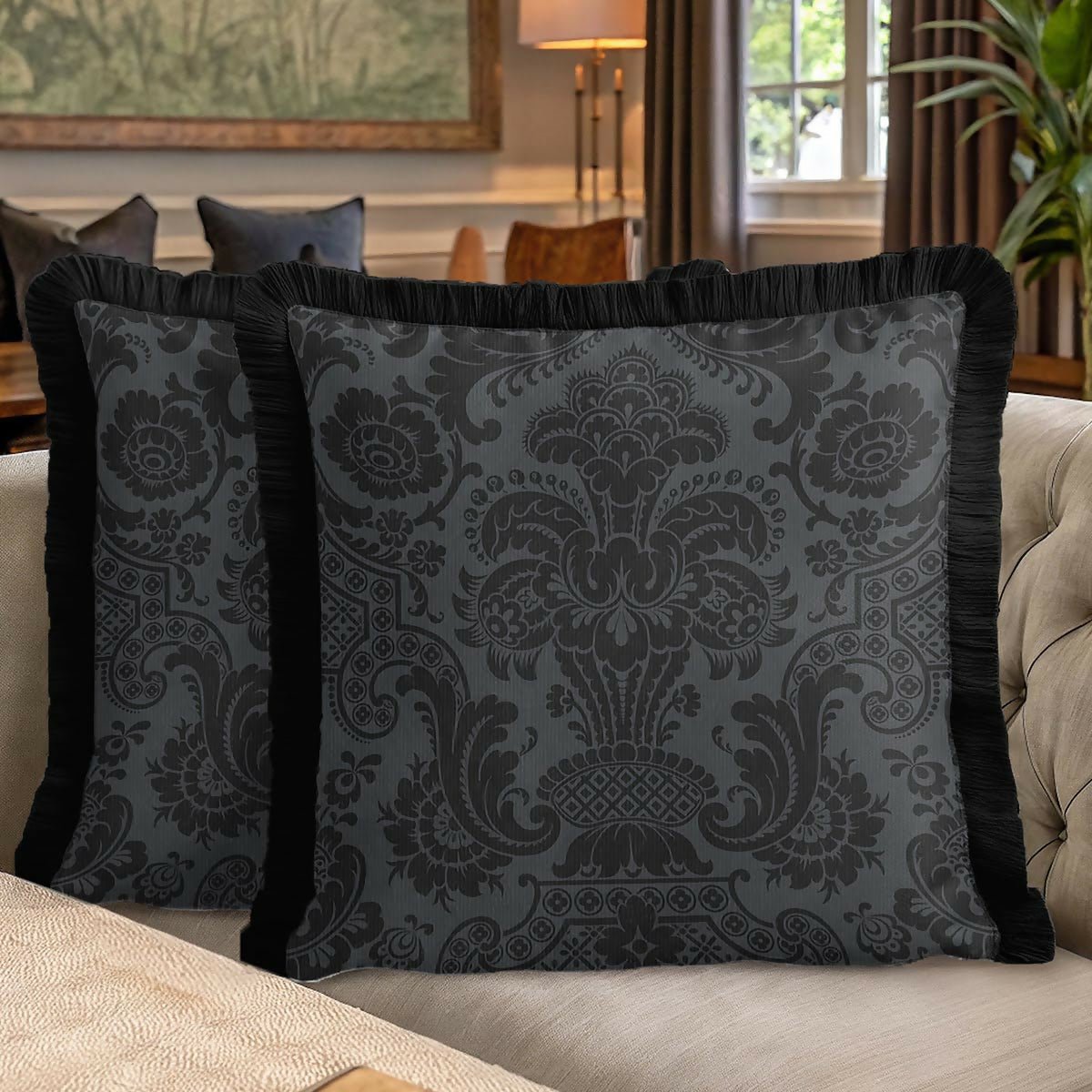 Black Baroque Fringed Cushion Cover | Set of 2 Luxury Classic Modern Tasselled Throw Pillow - Wear Sierra