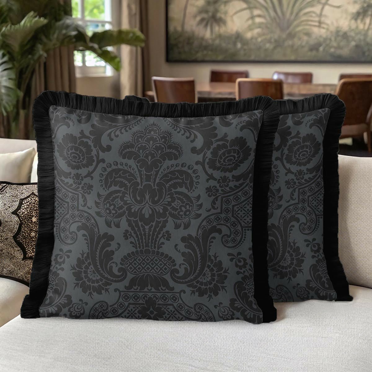 Black Baroque Fringed Cushion Cover | Set of 2 Luxury Classic Modern Tasselled Throw Pillow - Wear Sierra