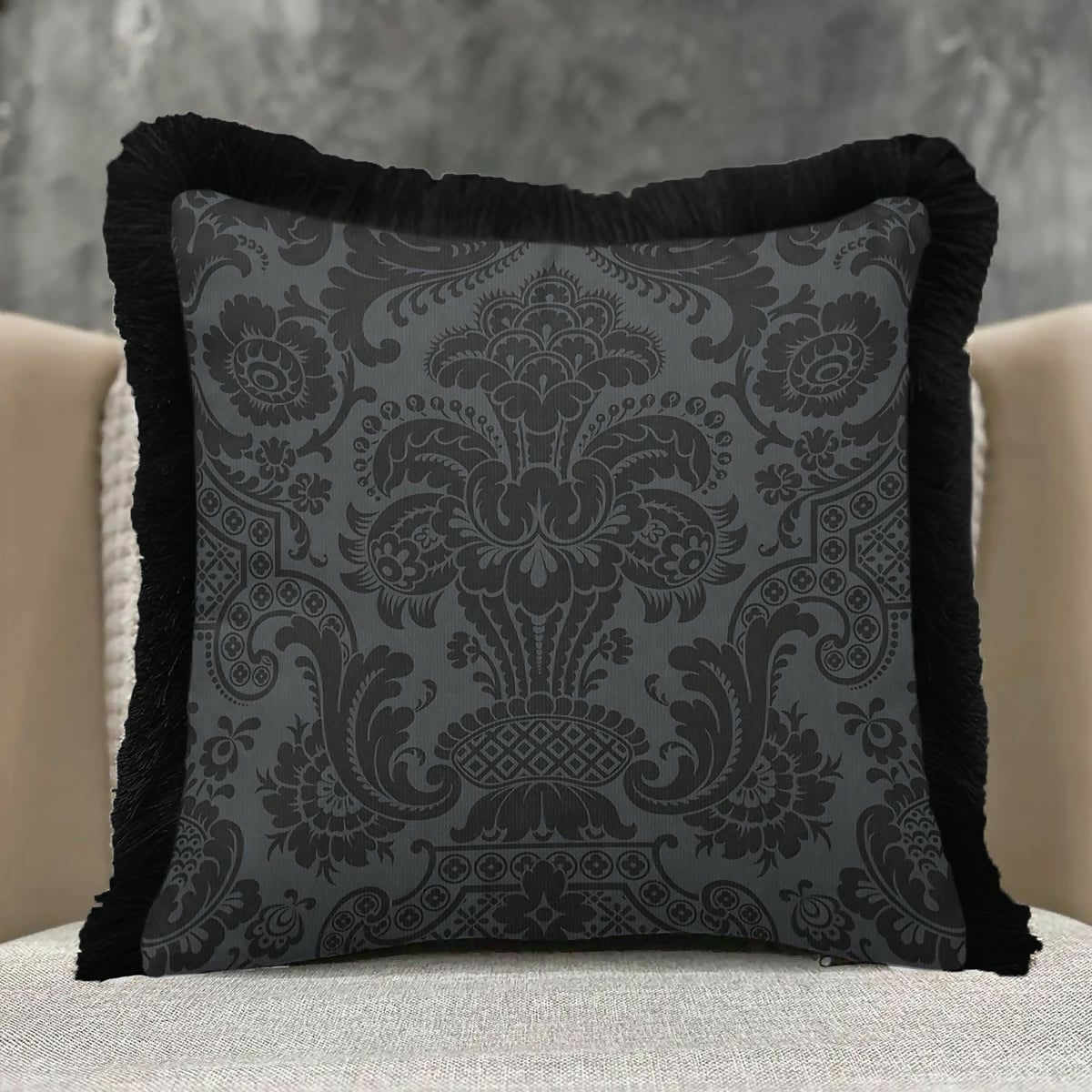Black Baroque Fringed Cushion Cover | Set of 2 Luxury Classic Modern Tasselled Throw Pillow - Wear Sierra