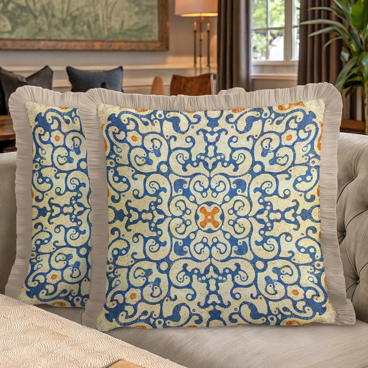 Blue and Gold Fringed Cushion Cover Set of 2– Geometric Ornament Tasselled Throw Pillow Cover - Wear Sierra