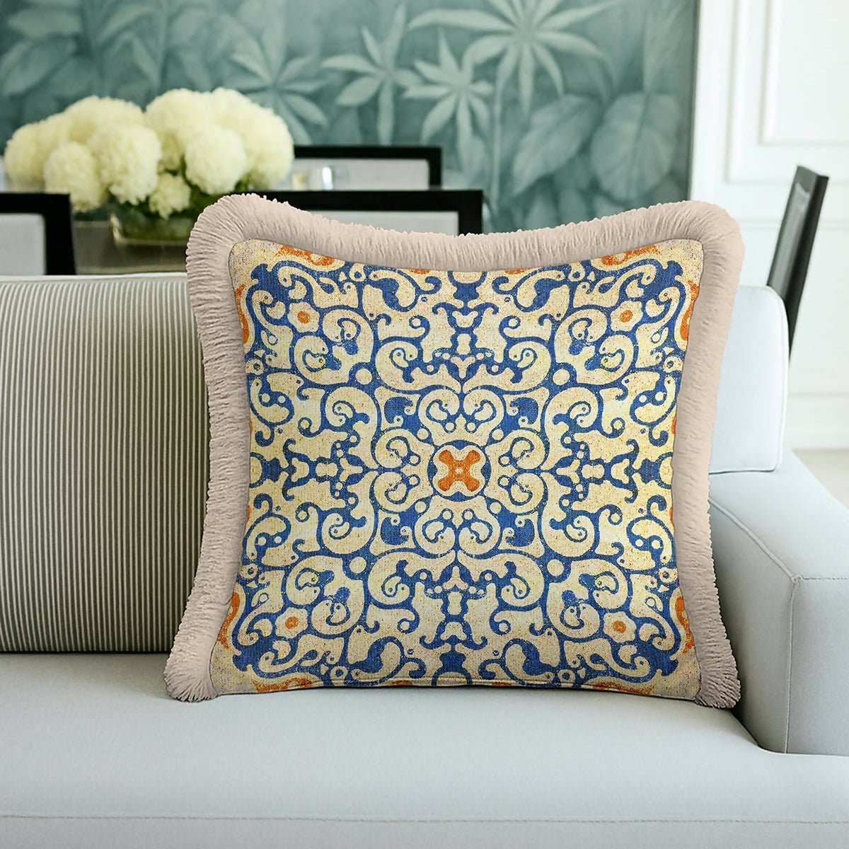 Blue and Gold Fringed Cushion Cover Set of 2– Geometric Ornament Tasselled Throw Pillow Cover - Wear Sierra