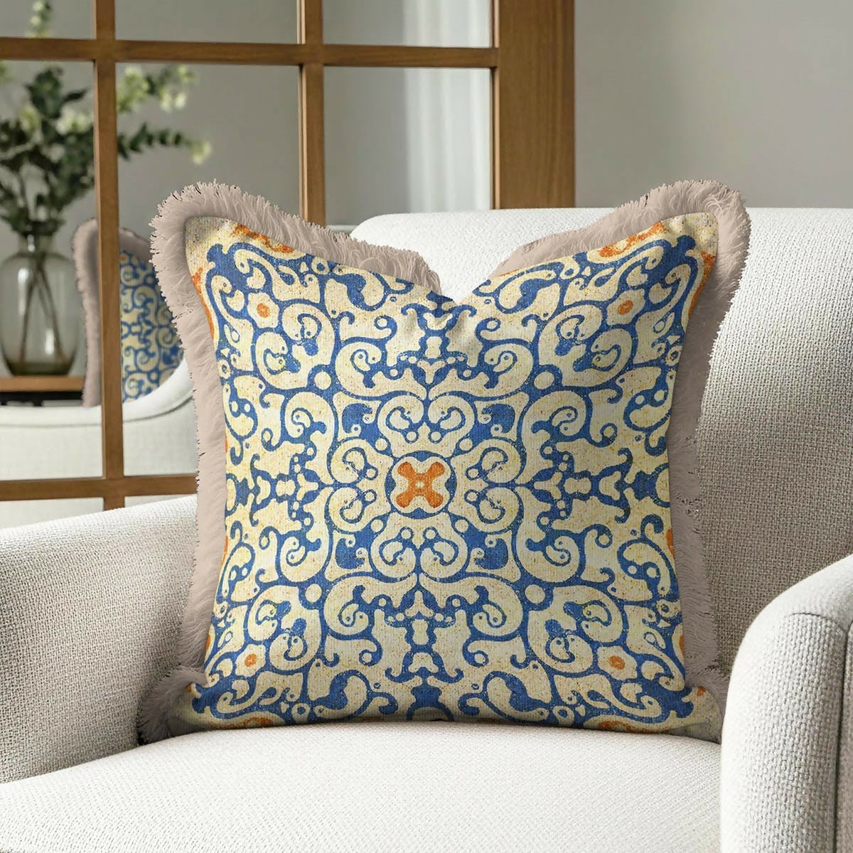Blue and Gold Fringed Cushion Cover Set of 2– Geometric Ornament Tasselled Throw Pillow Cover - Wear Sierra