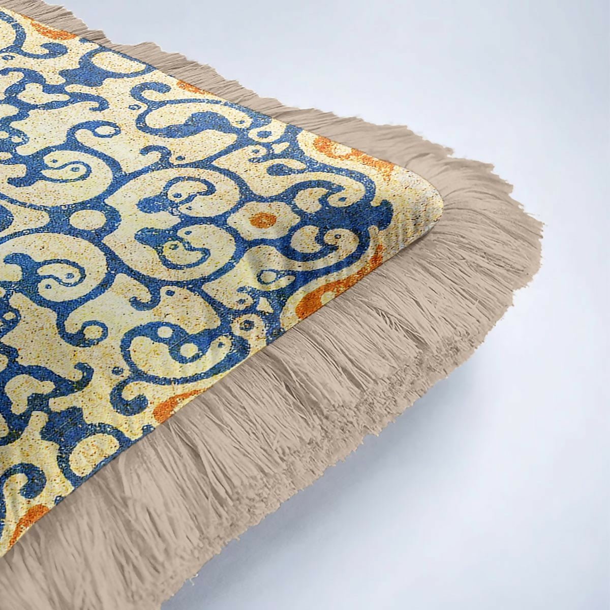 Blue and Gold Fringed Cushion Cover Set of 2– Geometric Ornament Tasselled Throw Pillow Cover - Wear Sierra