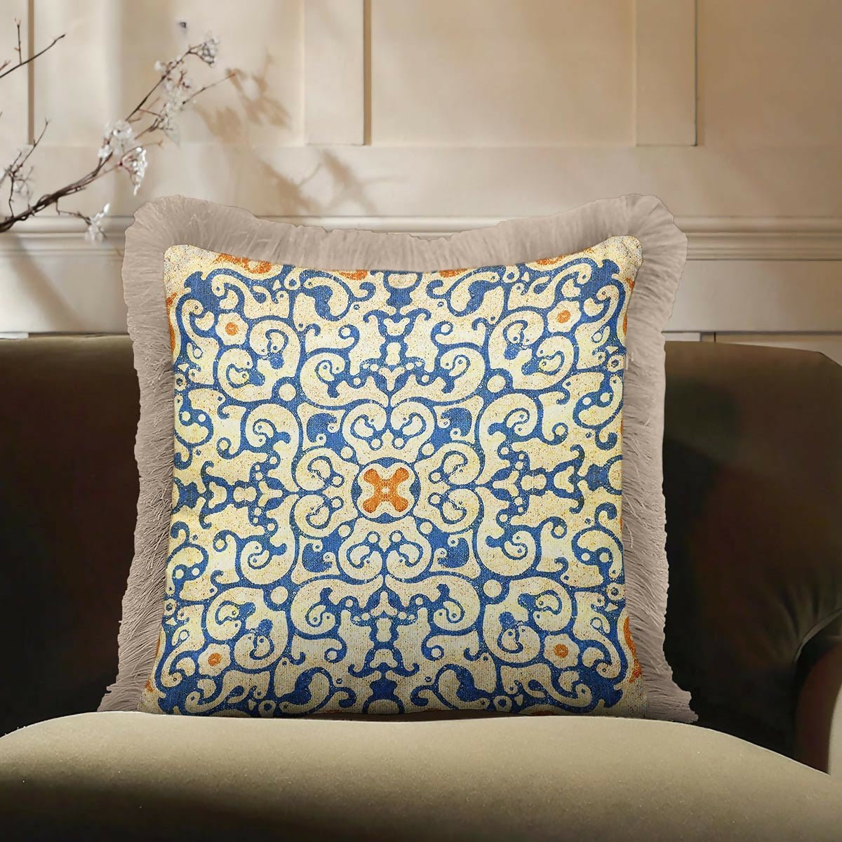 Blue and Gold Fringed Cushion Cover Set of 2– Geometric Ornament Tasselled Throw Pillow Cover - Wear Sierra