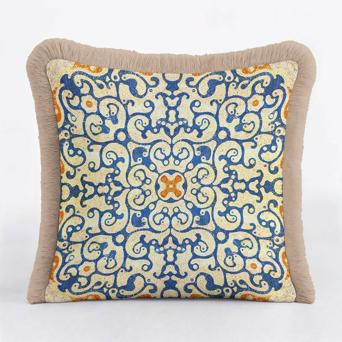 Blue and Gold Fringed Cushion Cover Set of 2– Geometric Ornament Tasselled Throw Pillow Cover - Wear Sierra